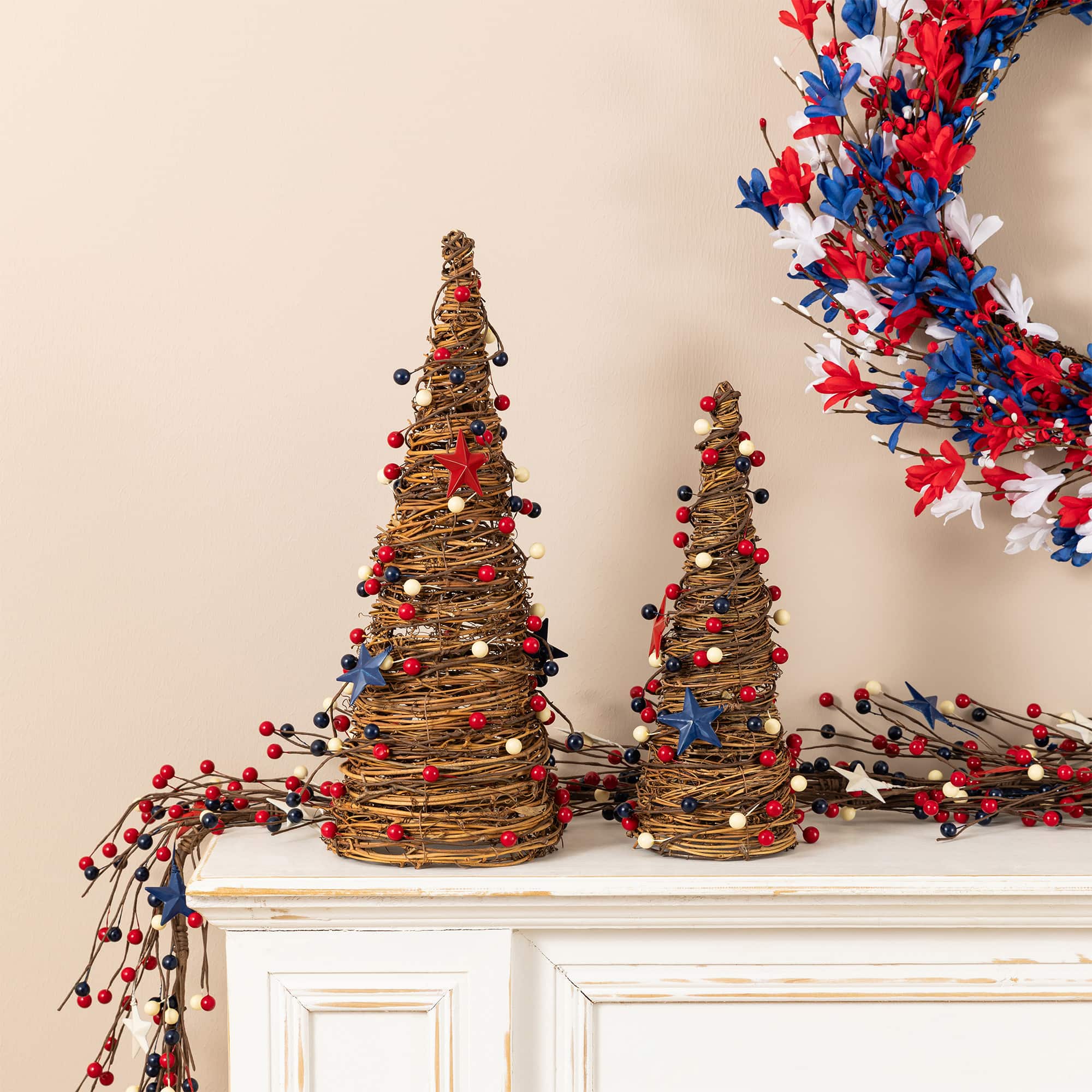 Glitzhome® Set of 2 Patriotic Americana Rattan Stars and Berry Cone Table Trees