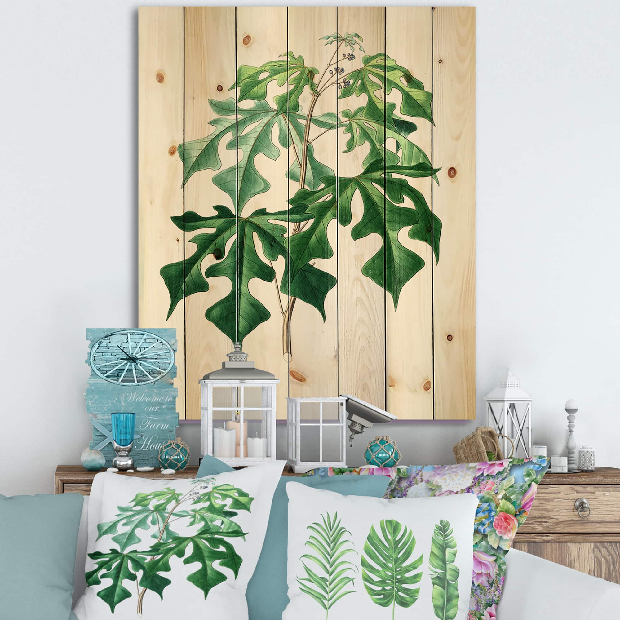 Designart - Vintage Green Leaves Plants II - Traditional Print on Natural Pine Wood