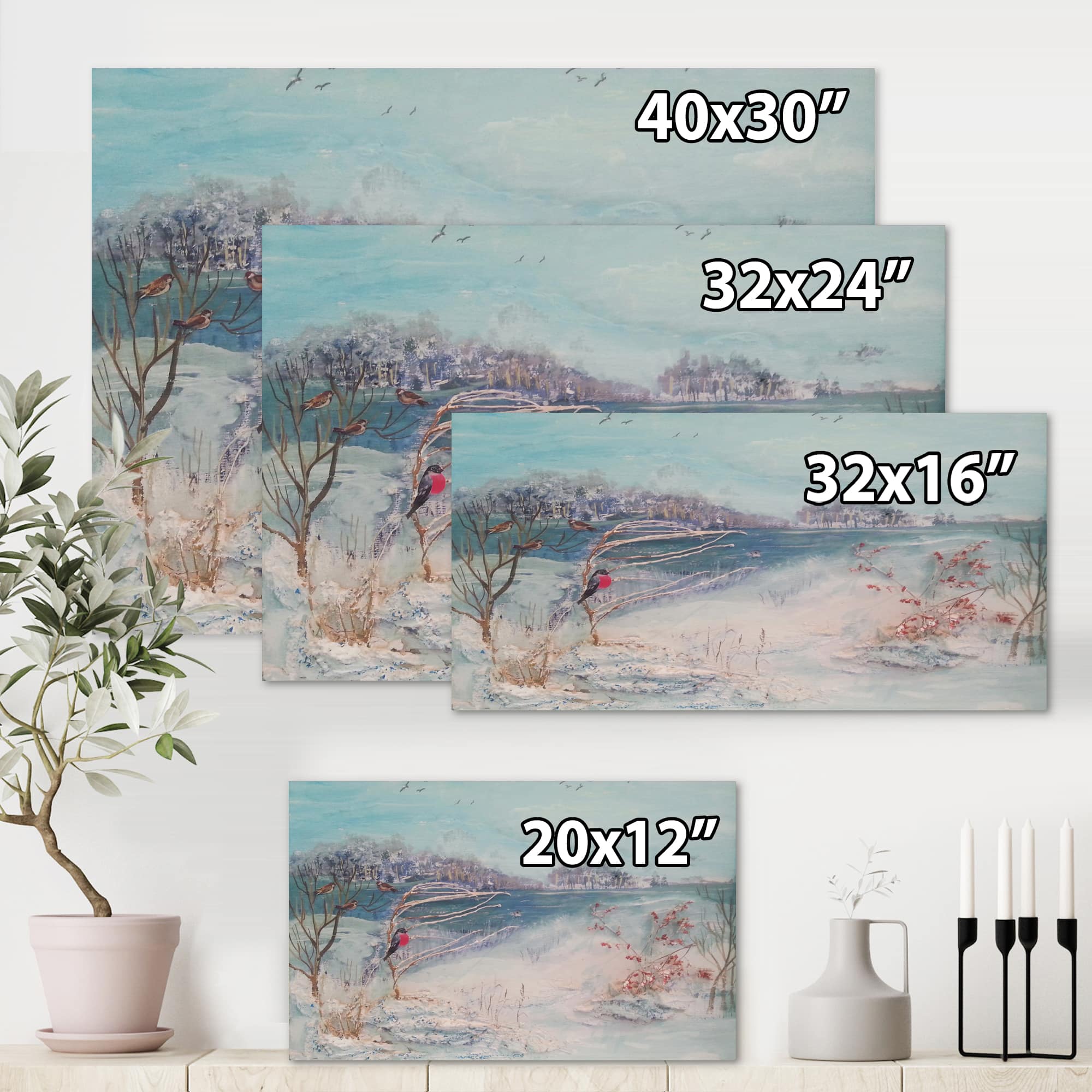 Designart - Winter Trees River and Birds - Lake House Canvas Wall Art Print