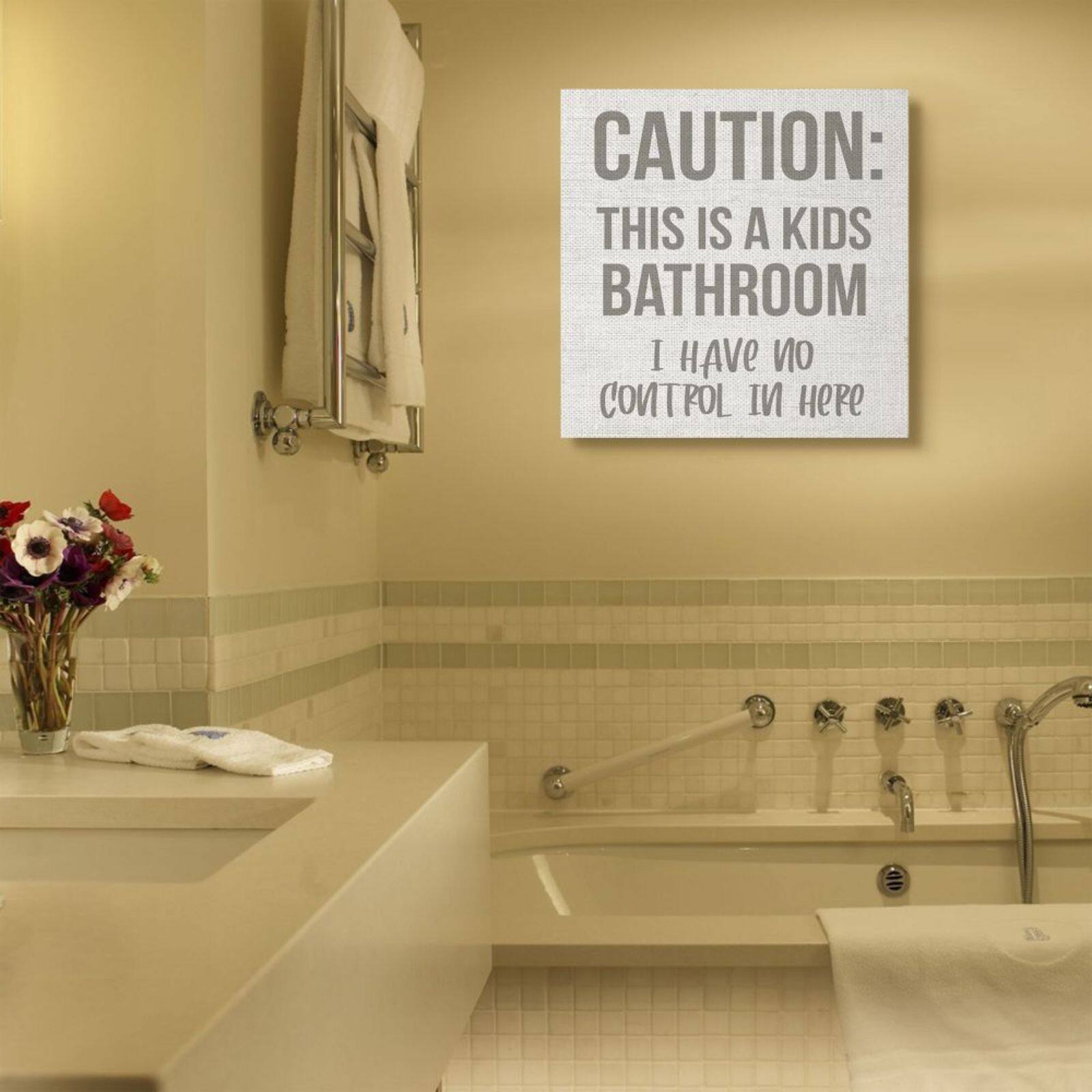 Stupell Industries Caution Kid's Bathroom Phrase Canvas Wall Art