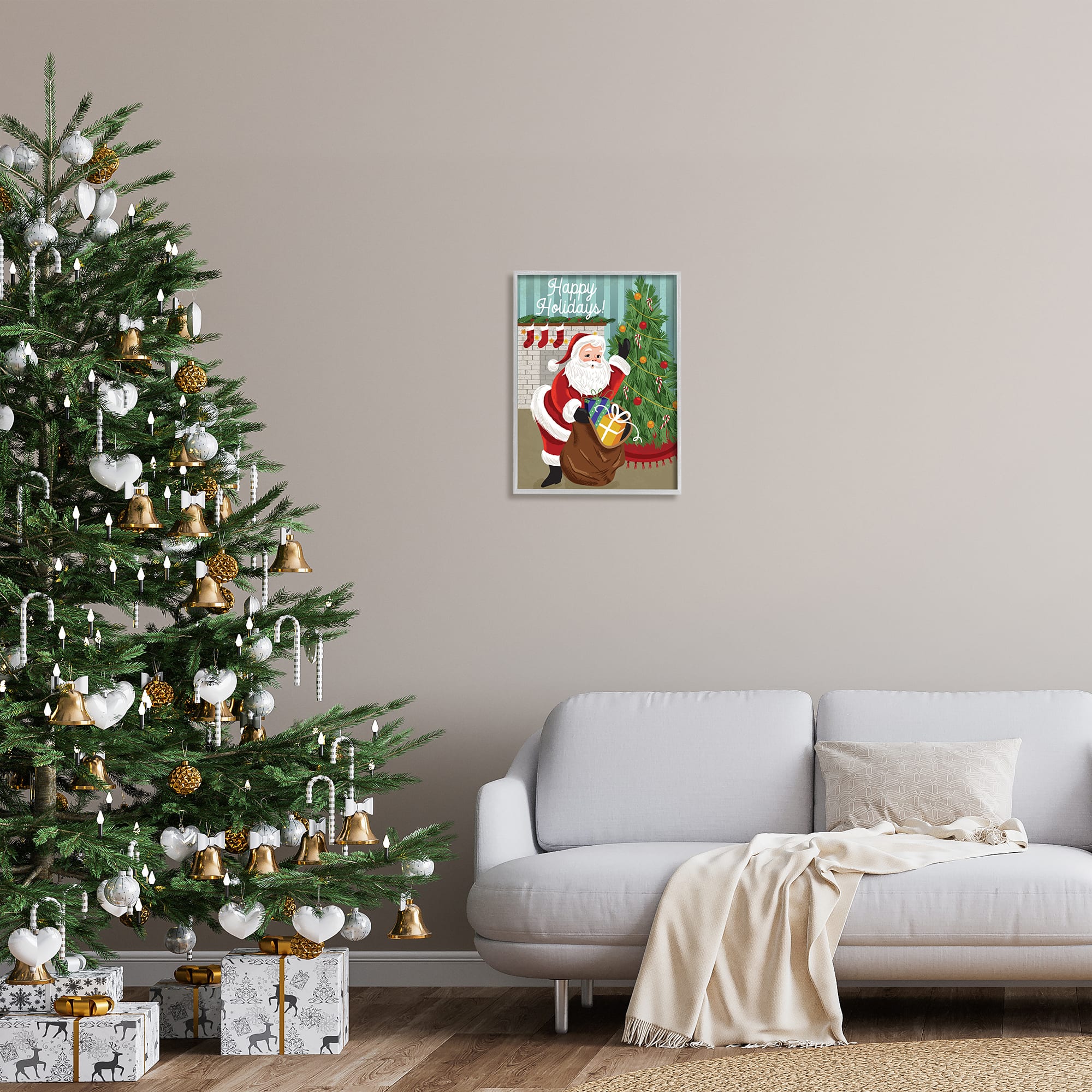 Stupell Industries Happy Holidays Santa Gift Bag Framed Giclee Art