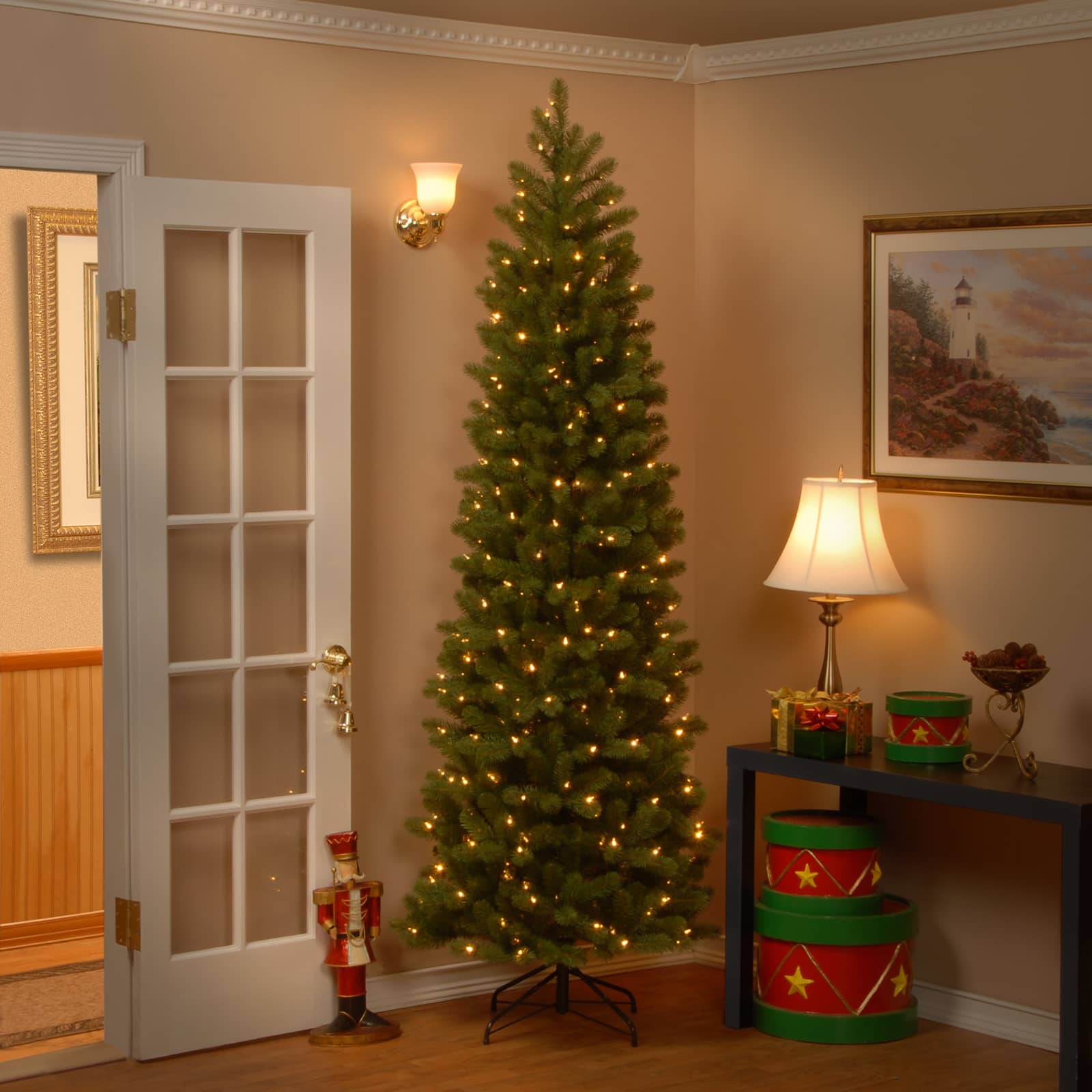 7.5 ft. Pre-lit Feel Real® Hinged Down Swept Douglas Fir Pencil Artificial Christmas Tree, Clear Lights