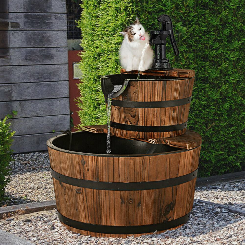 Costway 2-Tier Barrel Wooden Waterfall Fountain