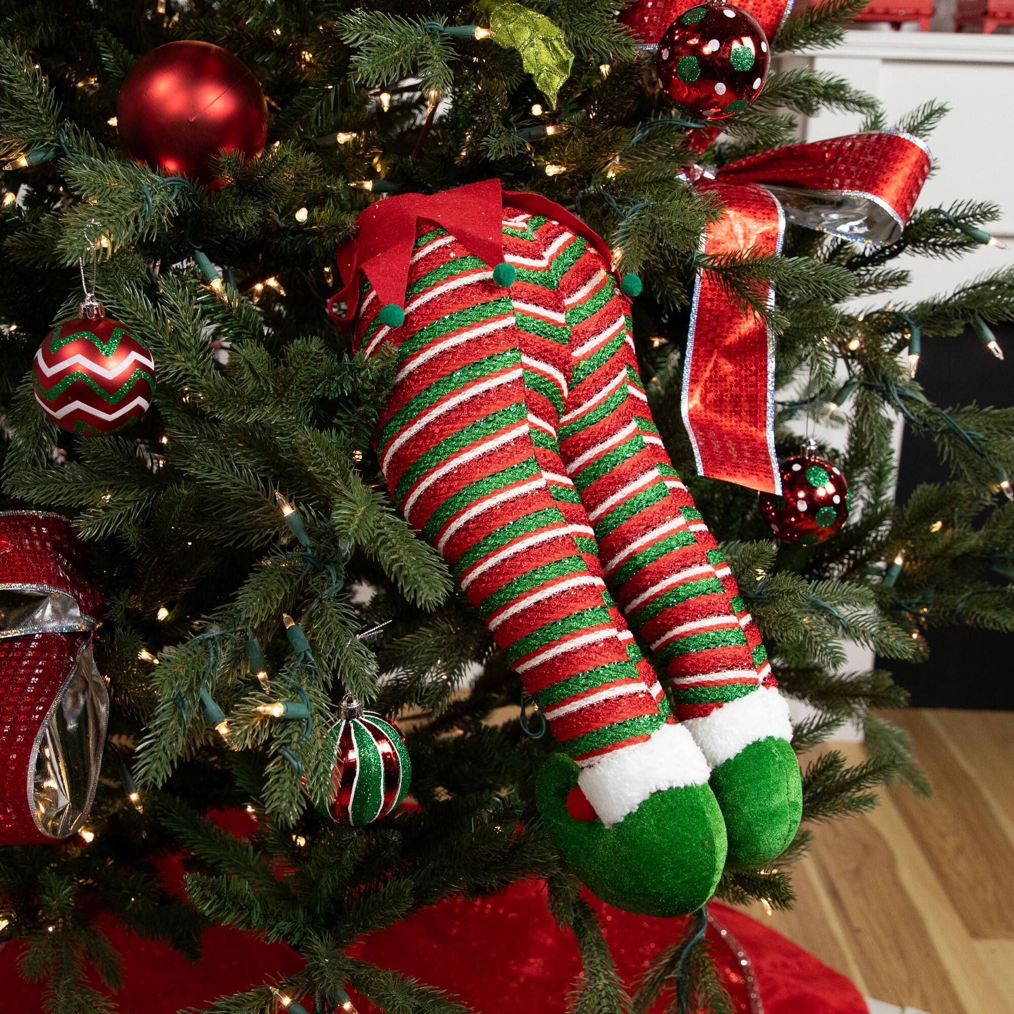 19" Red & Green Striped Hanging Elf Legs Décor