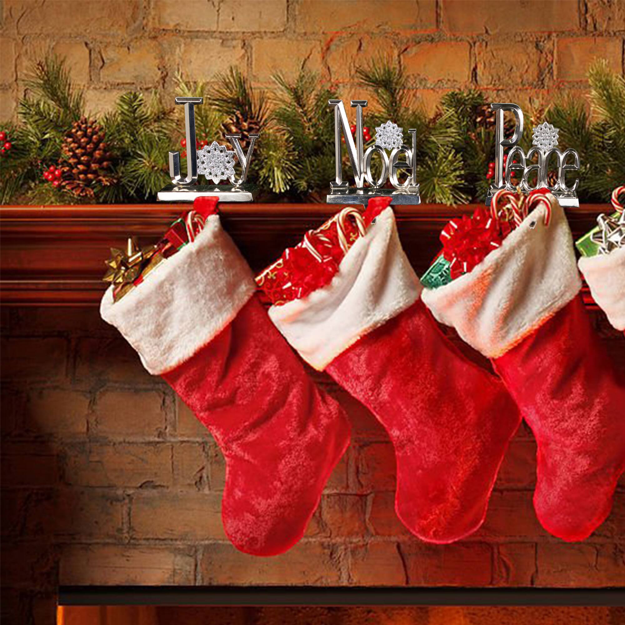 Peace  Joy and Noel Metal Christmas Stocking Holders - 6.5" - Set of 3