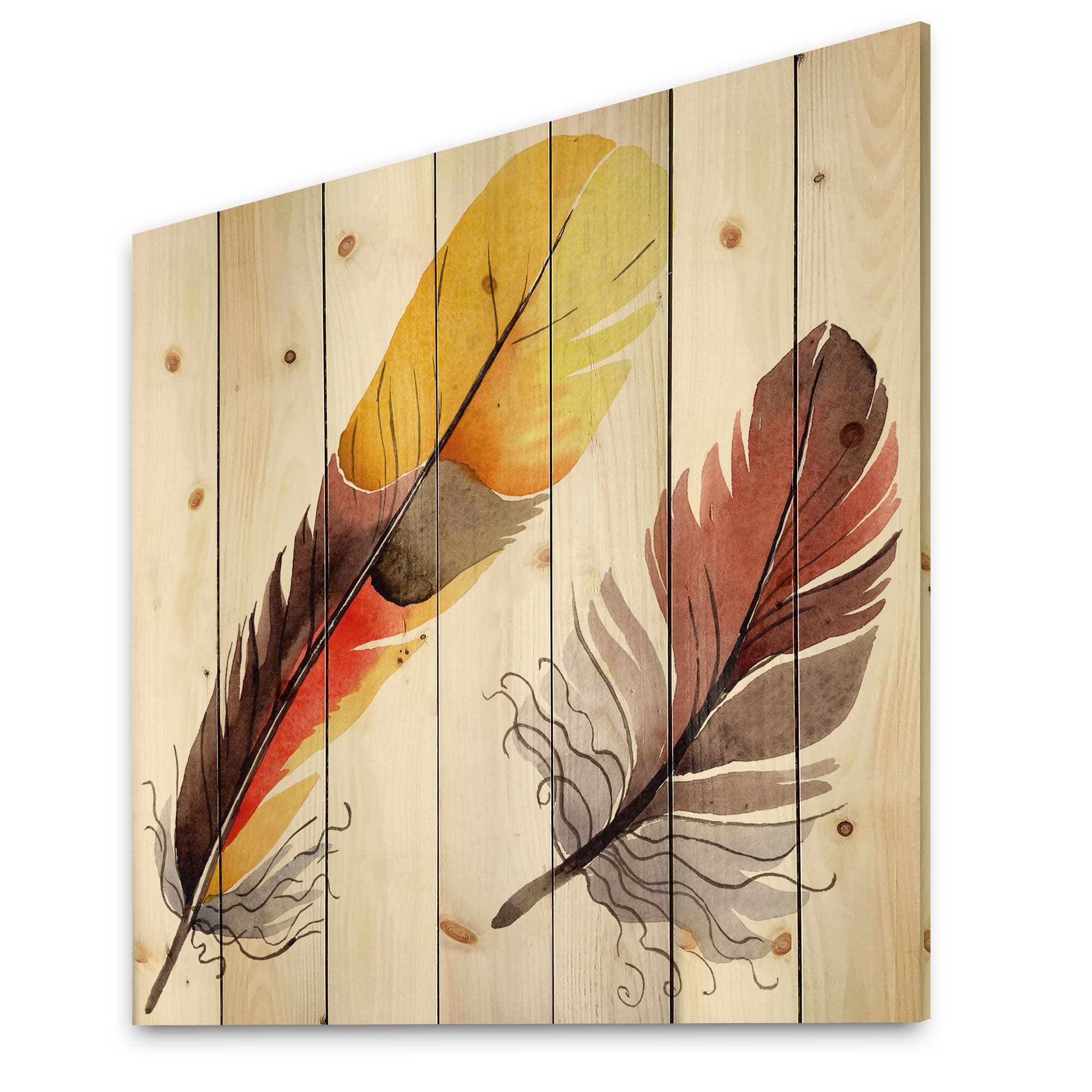 Designart - Colourful Boho Feathers IV - Bohemian & Eclectic Print on Natural Pine Wood