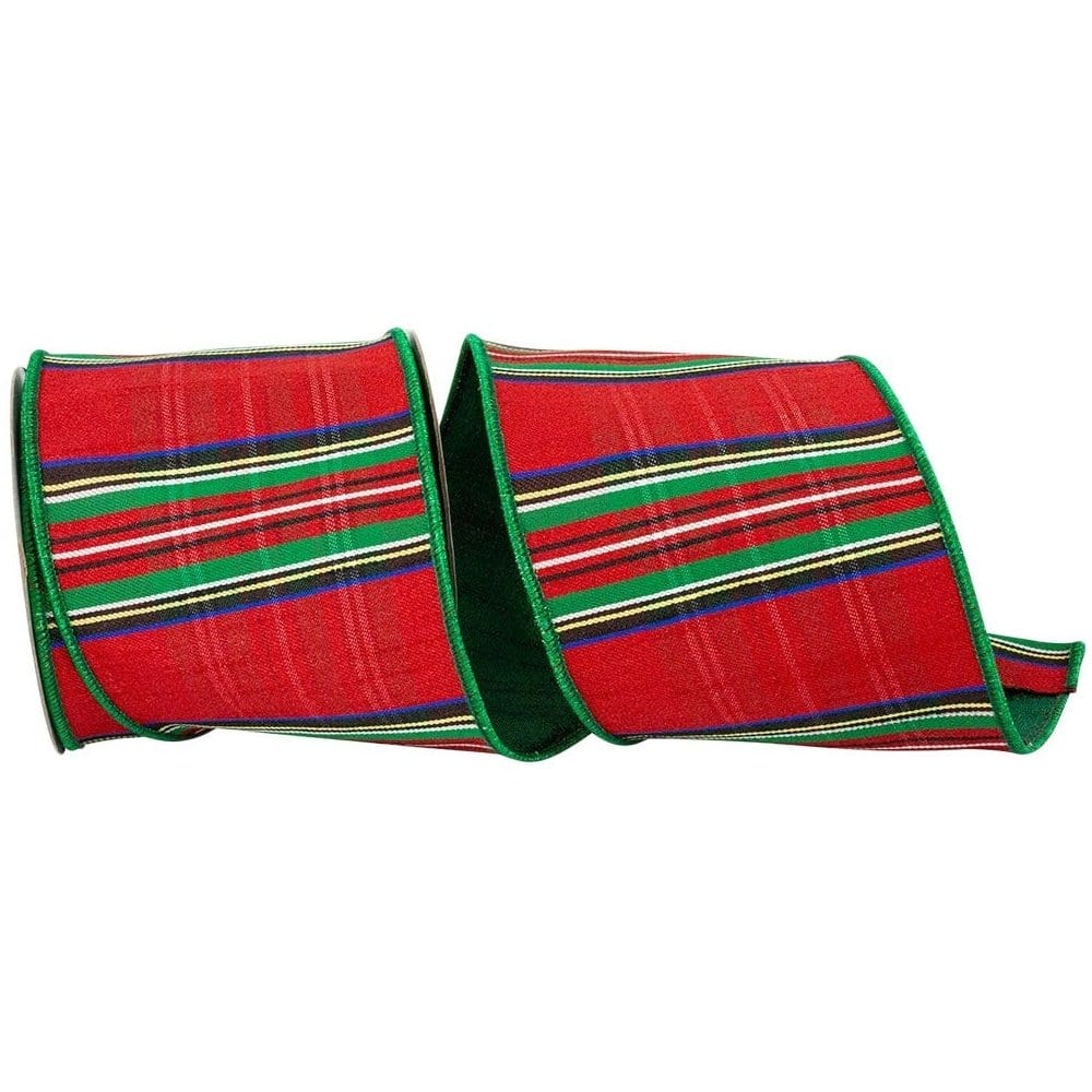 JAM Paper 4" x 5yd. Scarlet Traditional Christmas Plaid Metallic Backed Wired Edge Ribbon