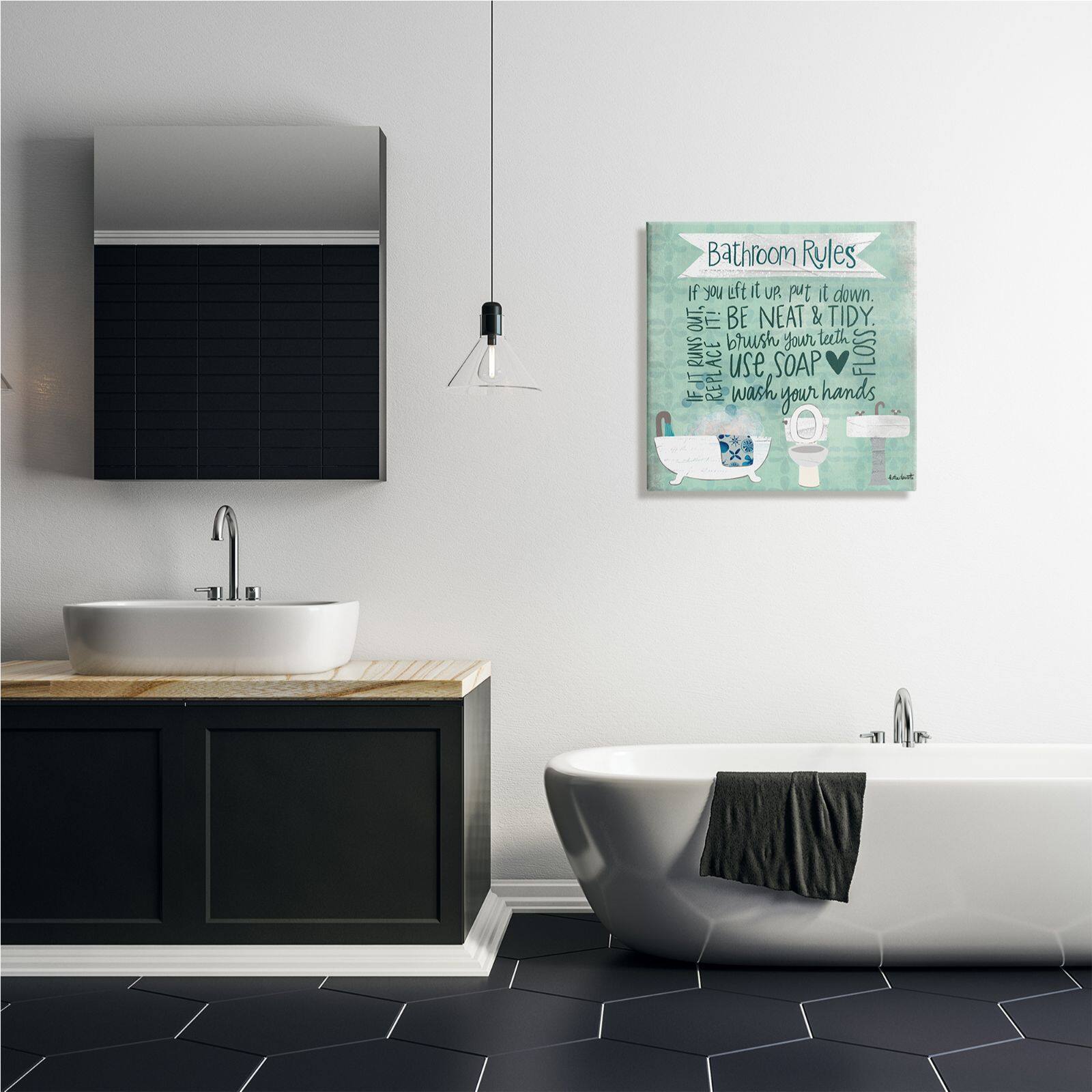 Stupell Industries Aqua Blue Bathroom Rules Collage Look Typography Canvas Wall Art