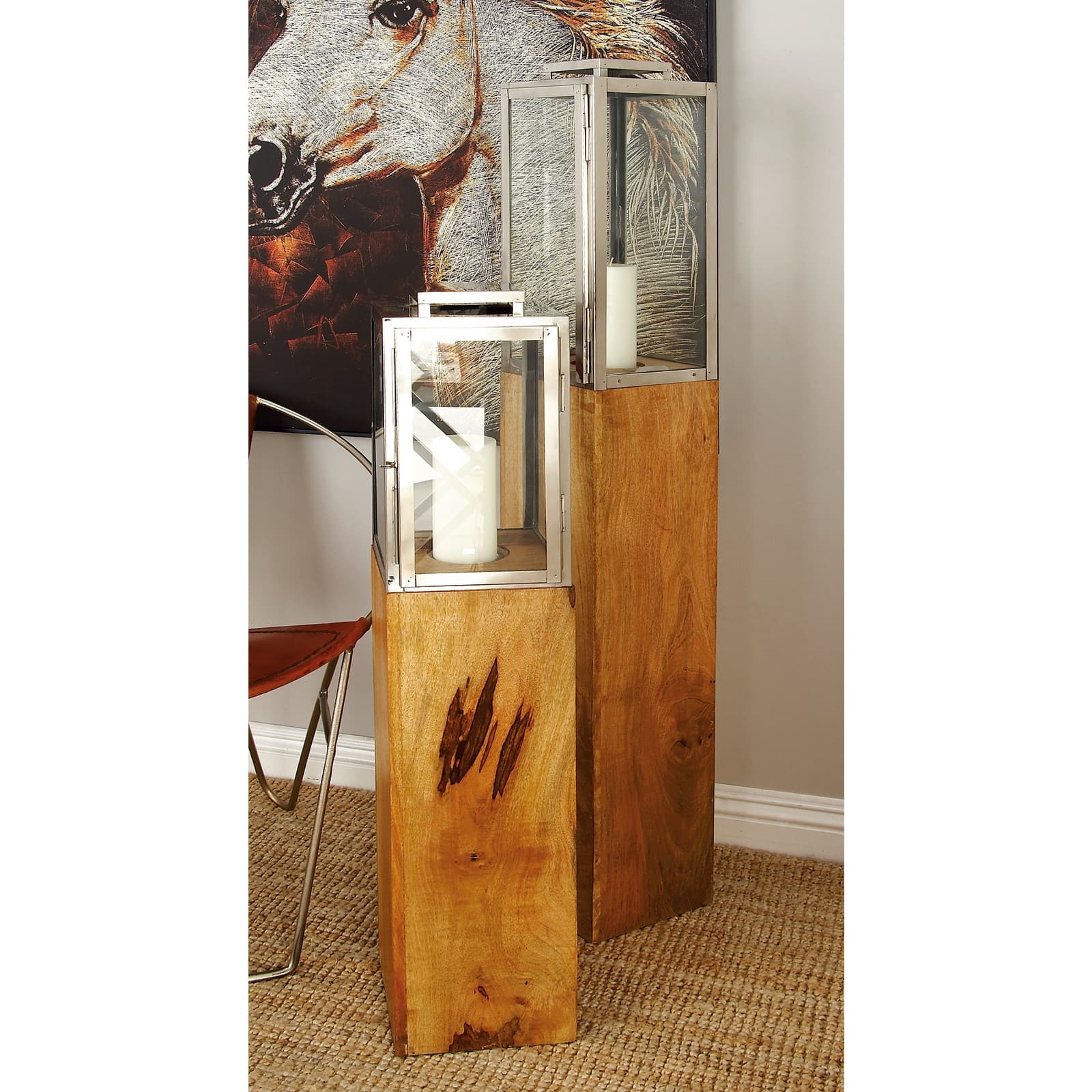 Brown Mango Wood Contemporary Candle Holder Lantern, 48" x 9" x 9"