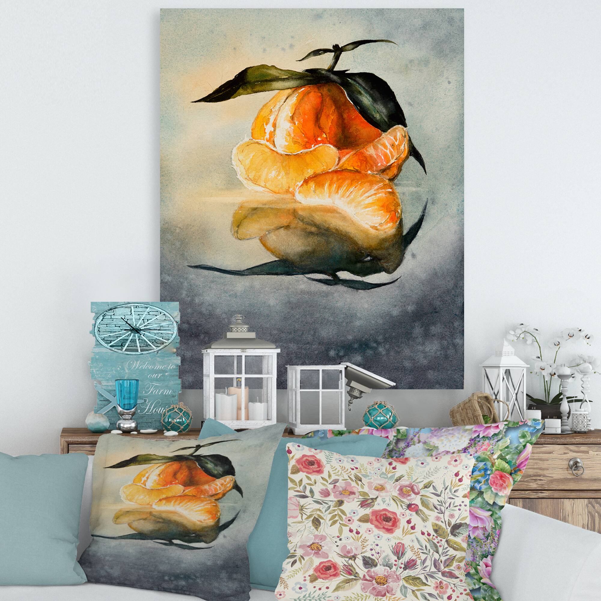 Designart - One Peeled Fresh Orange Mandarin With Green Leaves