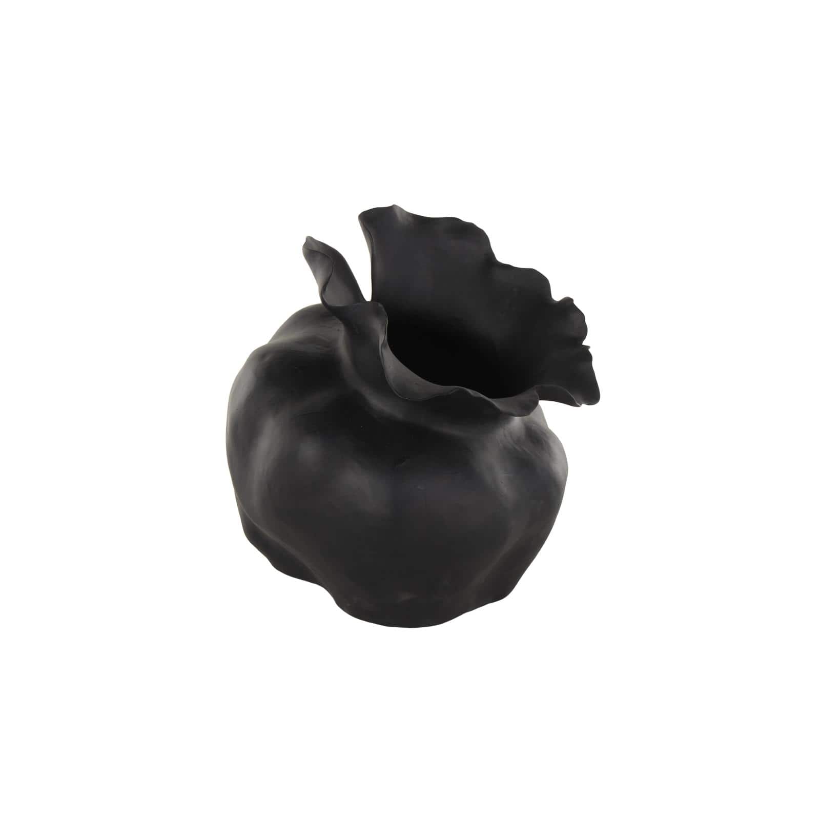 12.75" Black Ceramic Abstract Wide Rounded Floral Shaped Decorative Vase with Petal Rim