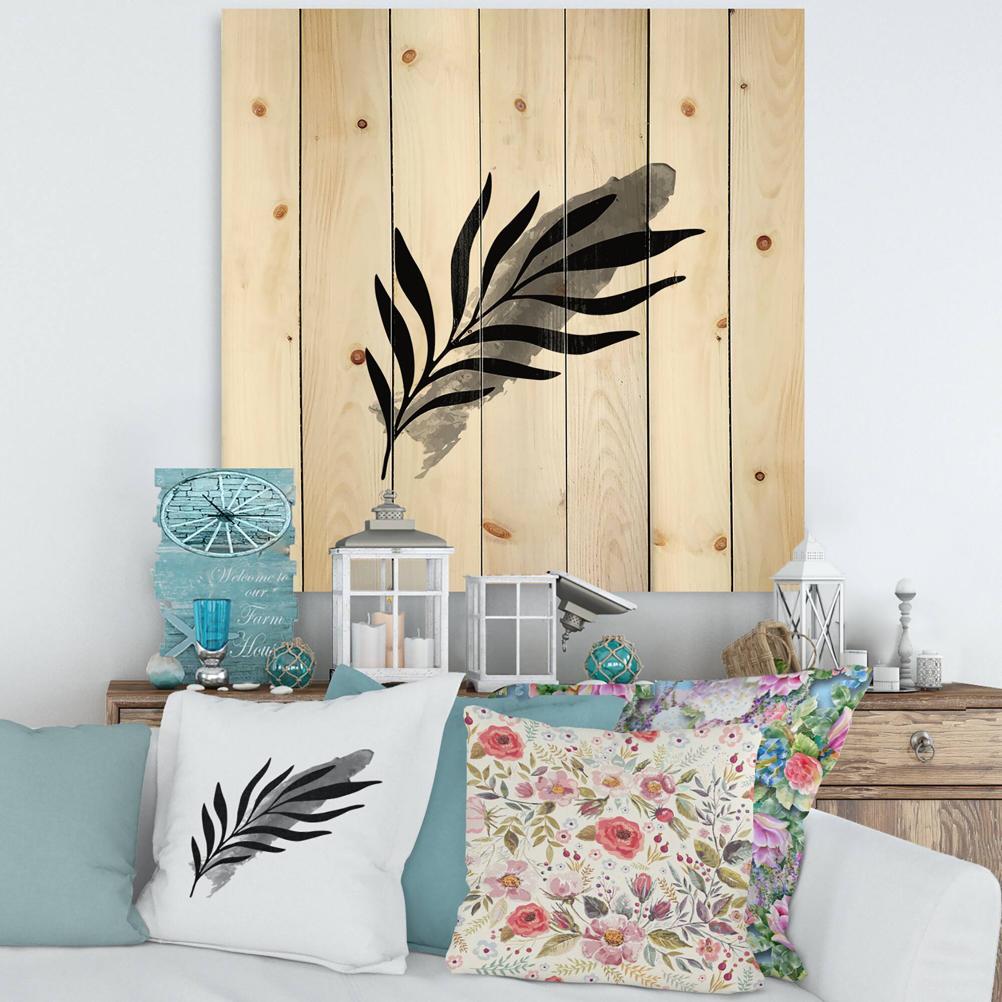 Designart - Abstract Tropical Leaf I - Modern Print on Natural Pine Wood