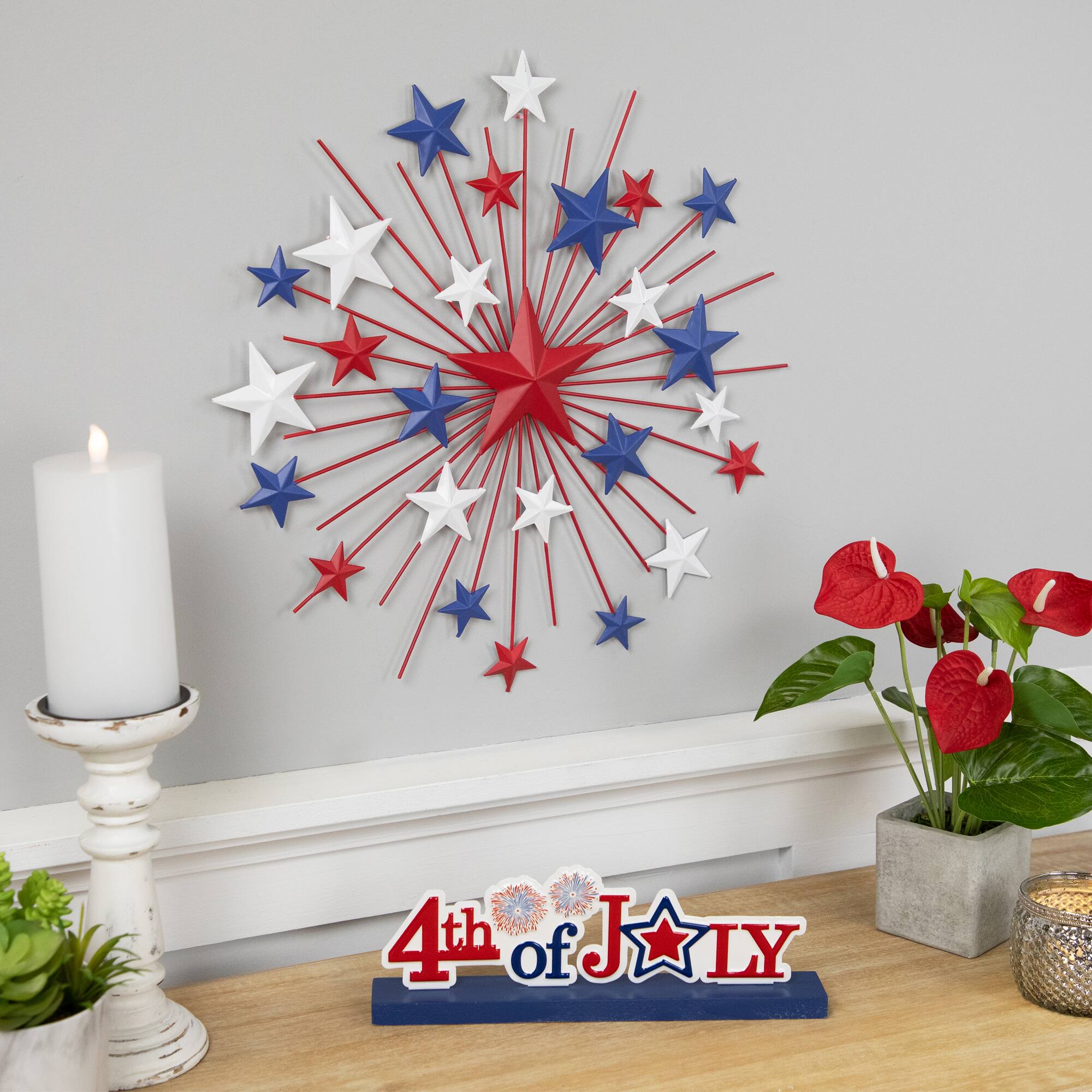 11.5" Fireworks 4th of July Patriotic Metal Tabletop Sign
