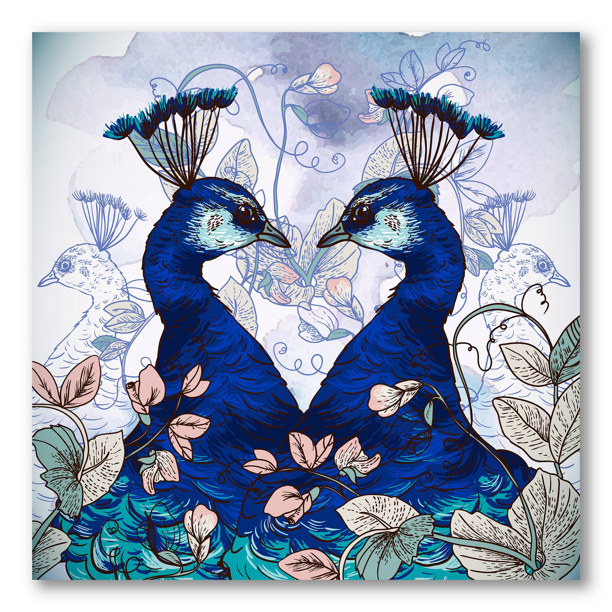 Designart - Two Blue Peacocks With Wildflowers