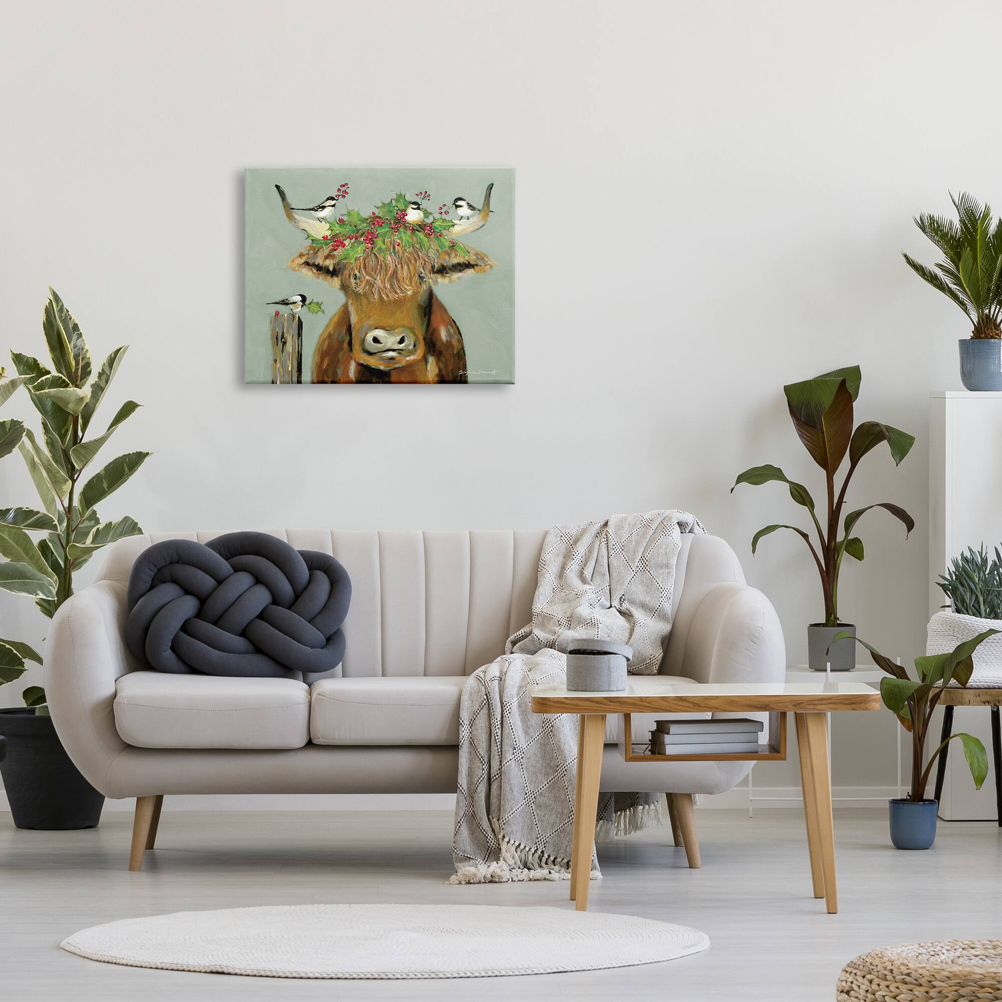 Stupell Industries Cattle & Birds Holiday Holly Canvas Wall Art