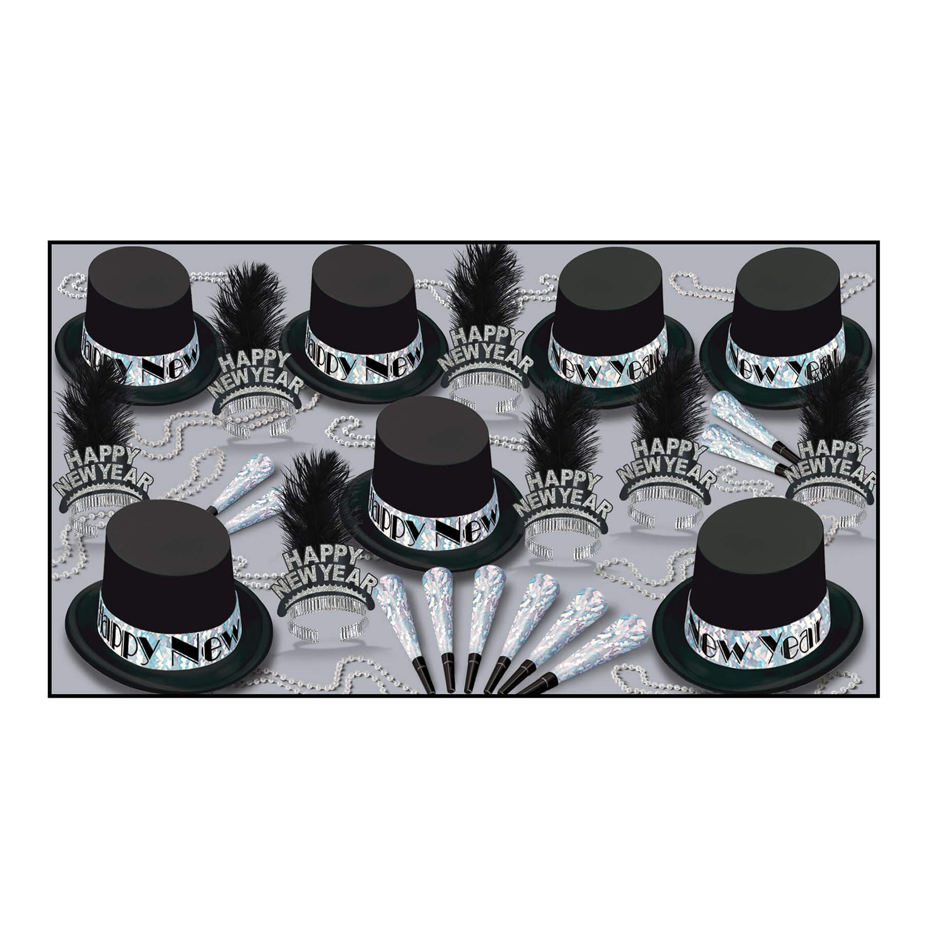 Beistle Black & Silver New Year Top Hat Party Favor Kit for 50