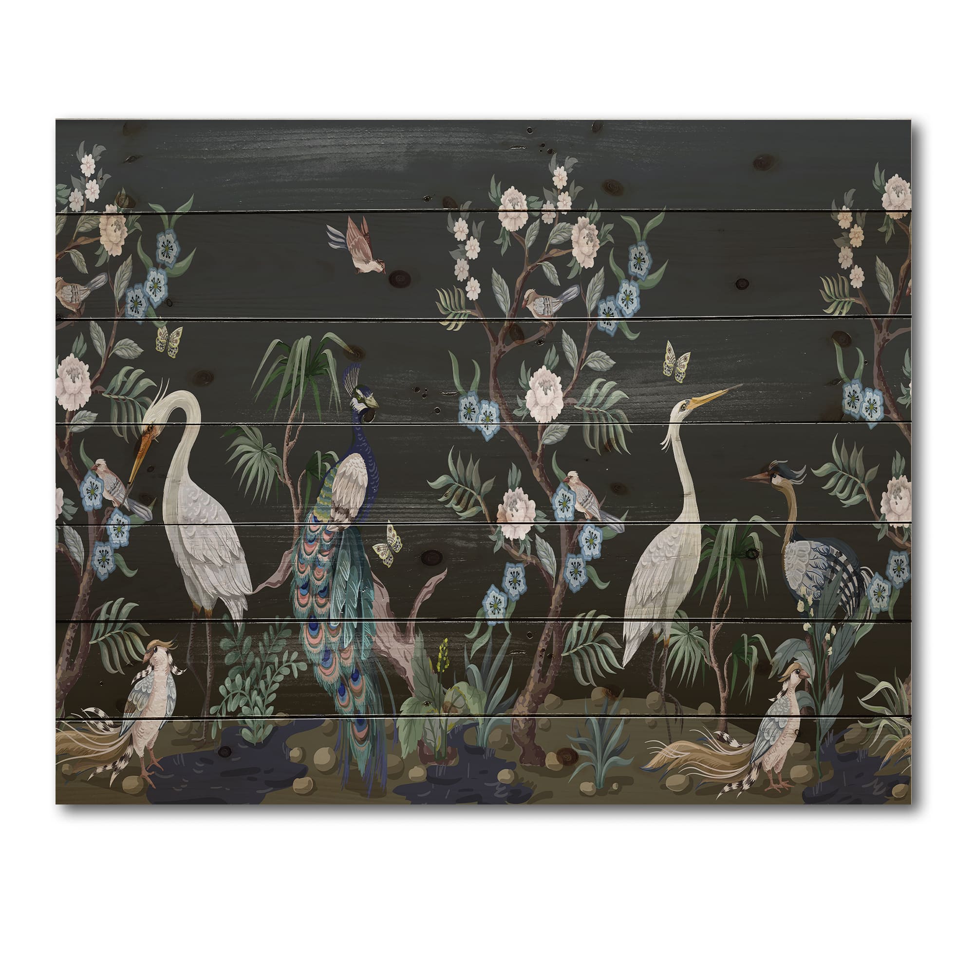 Designart - Chinoiserie With Birds and Peonies IV - Traditional Print on Natural Pine Wood