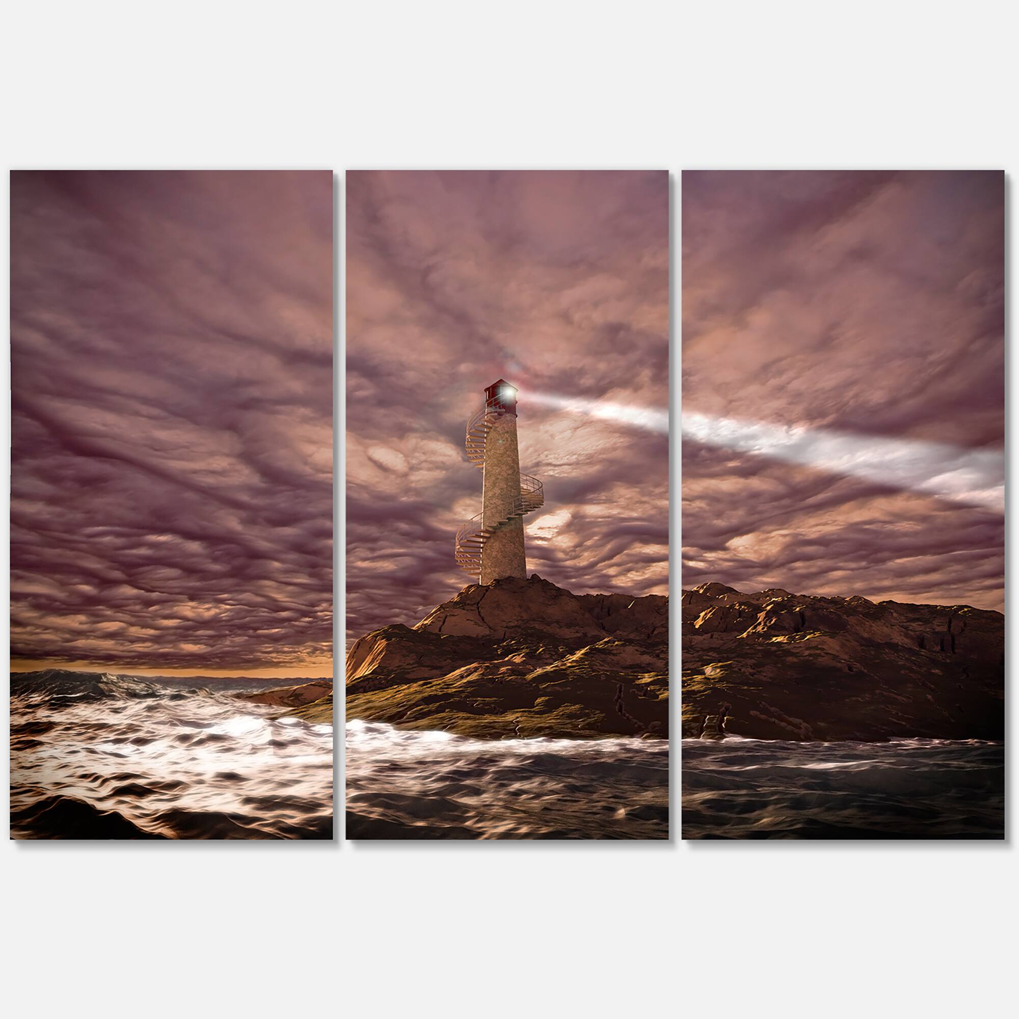Designart - Lighthouse Shining Light During Stormy Night I
