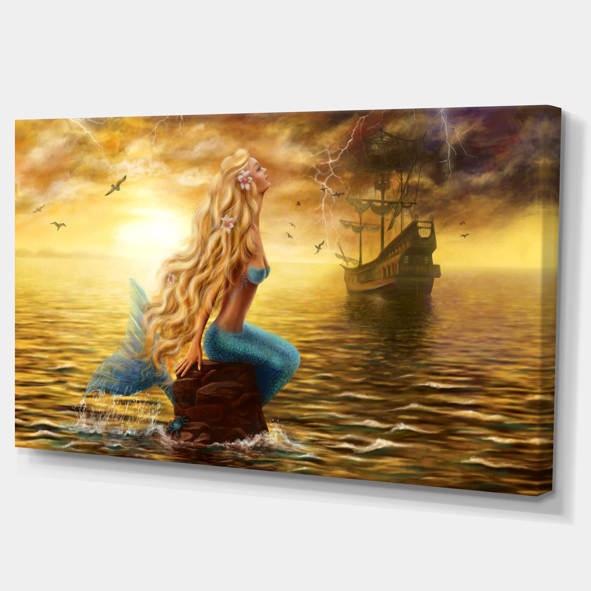 Designart - Sea Mermaid with Ghost Ship - Seascape Canvas Art Print