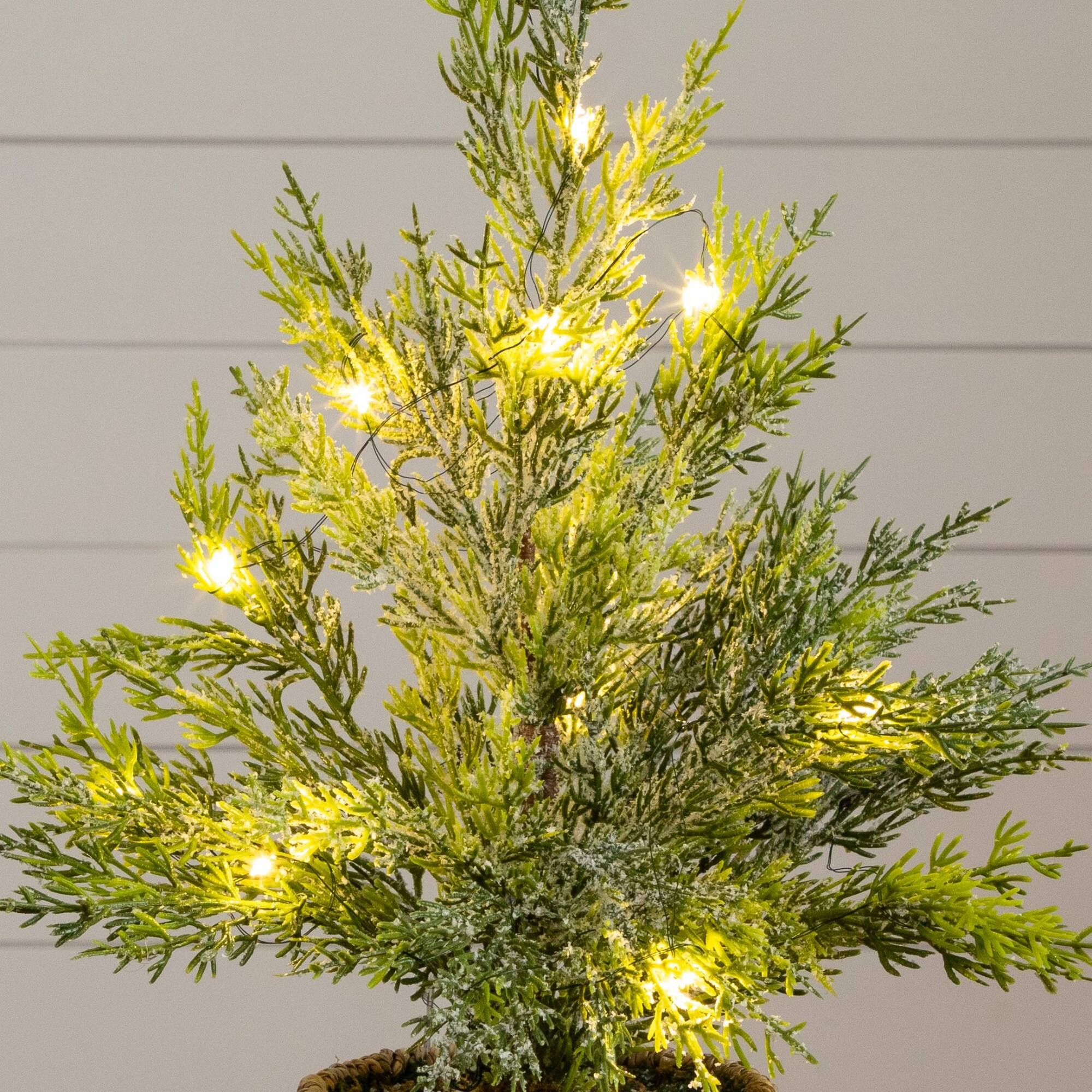 Nearly Natural 18" Pre-Lit Artificial Snowed Cypress Christmas Tree in Hyacinth Basket, Warm White LED Lights
