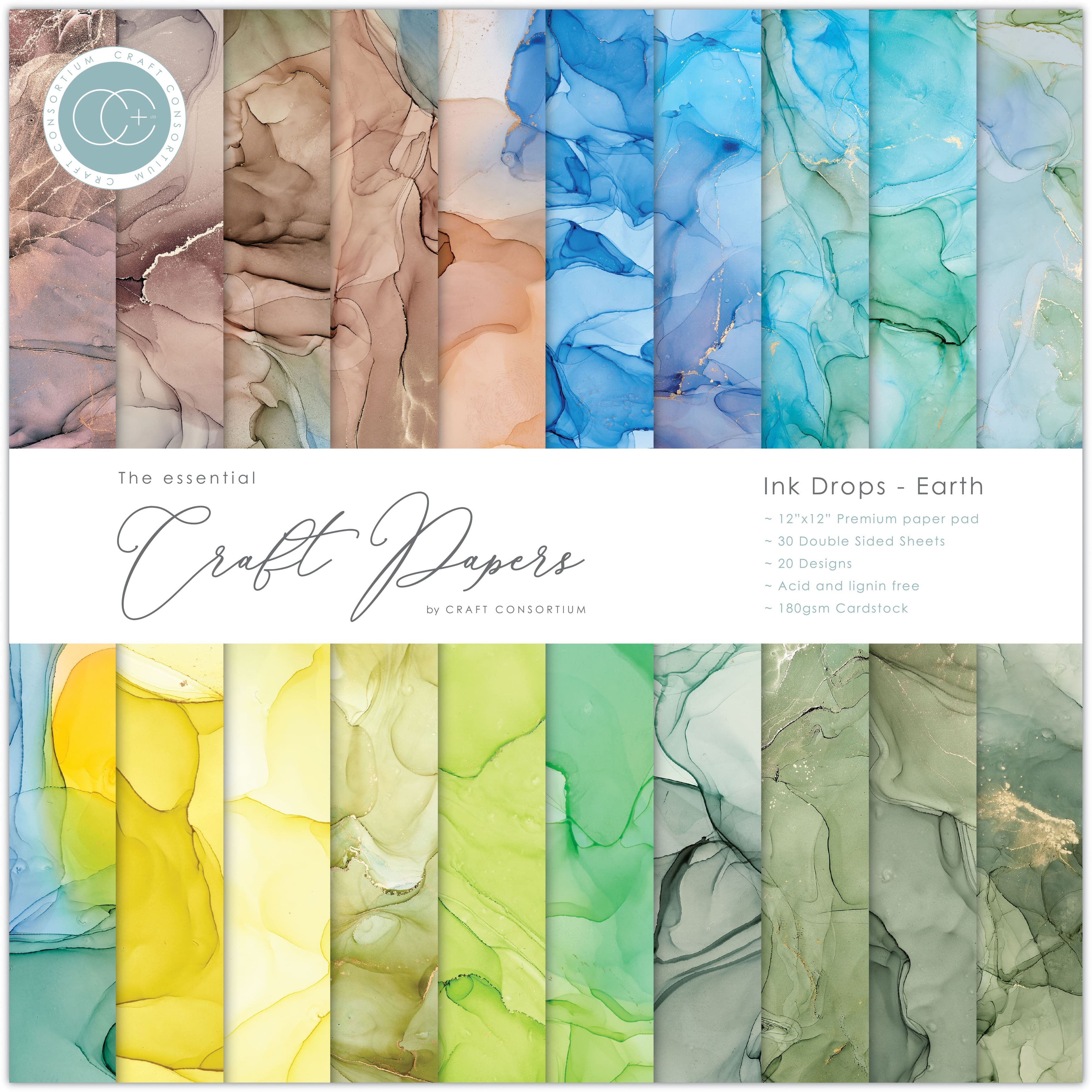 Craft Consortium Ink Drops Earth Double-Sided Paper Pad, 12" x 12"