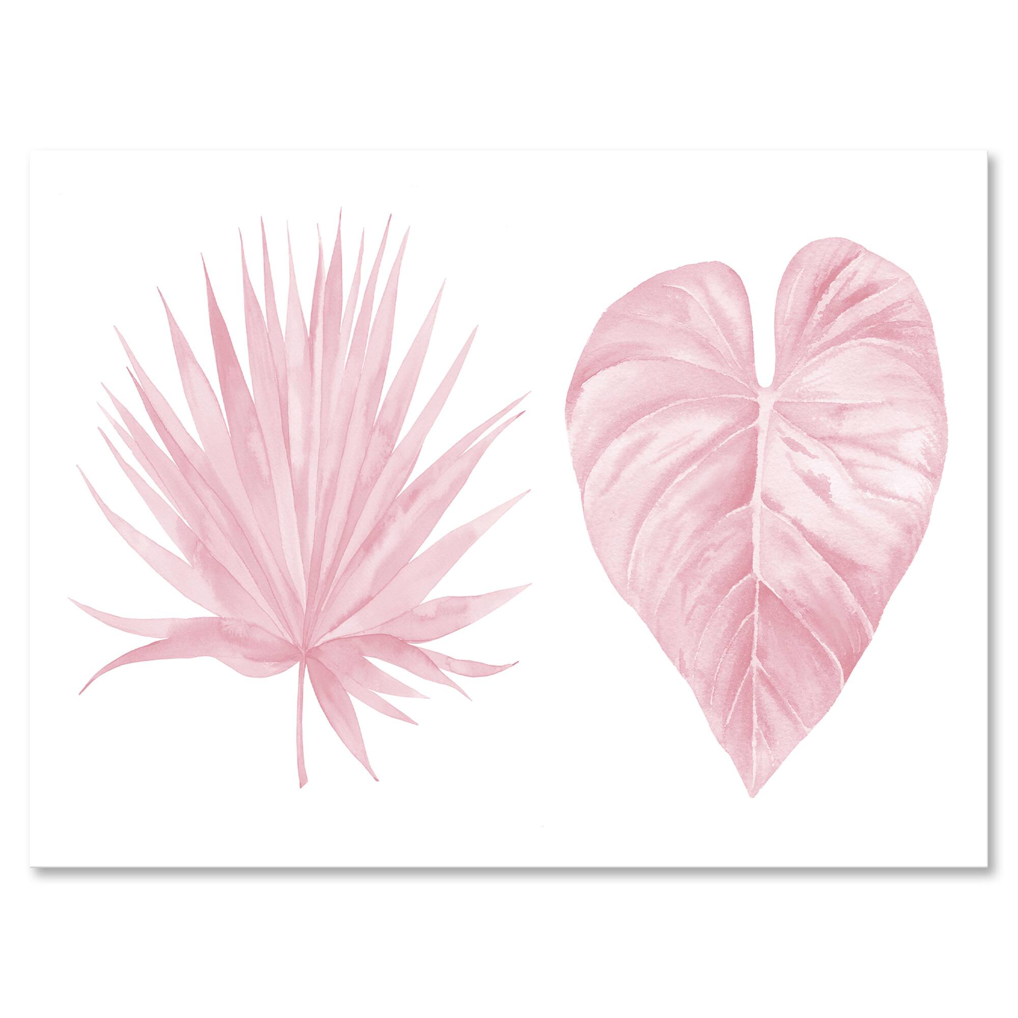Designart - Tropical Pink Watercolour Leaves II - Shabby Chic Canvas Wall Art Print