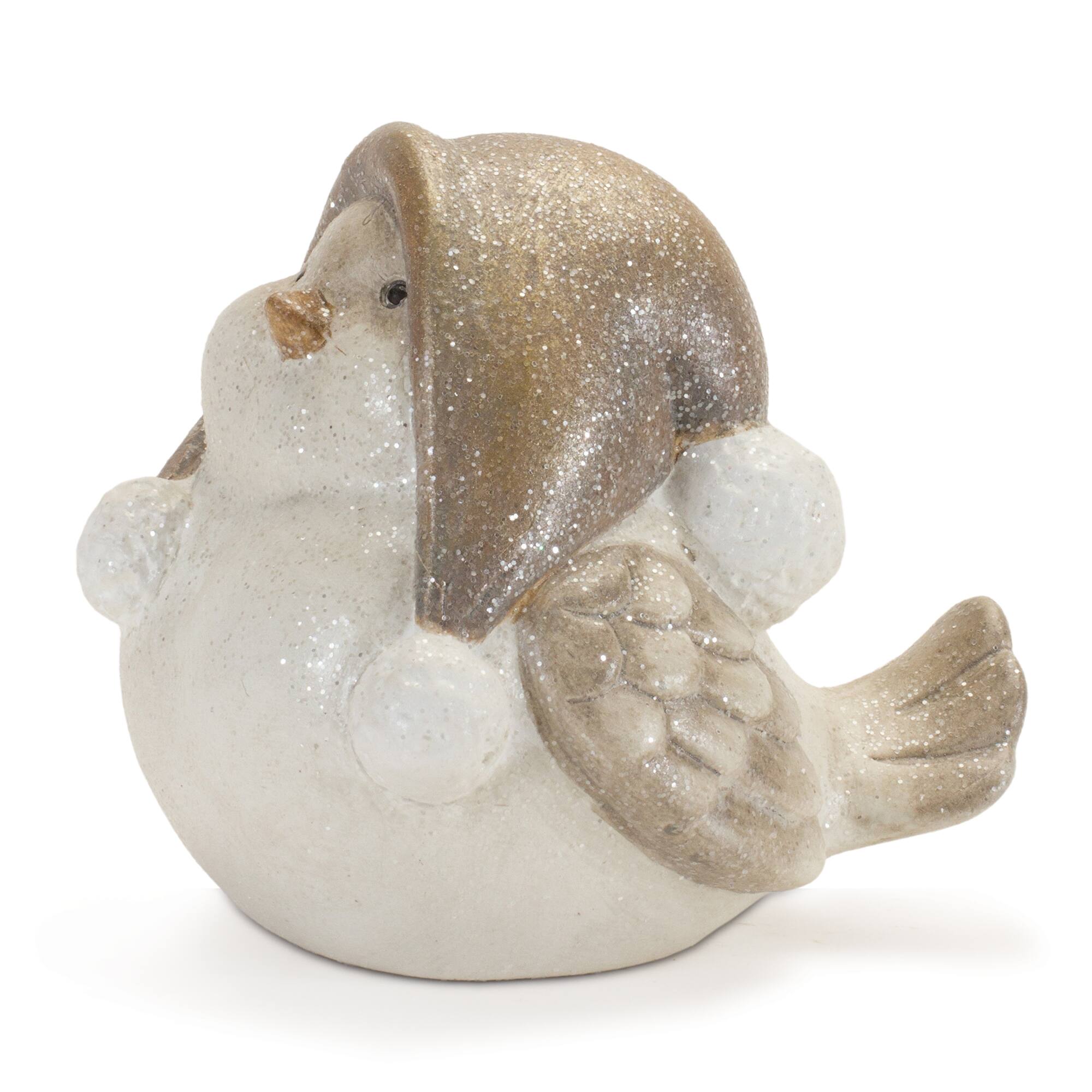 Glittered Winter Bird with Hat Figurines Set