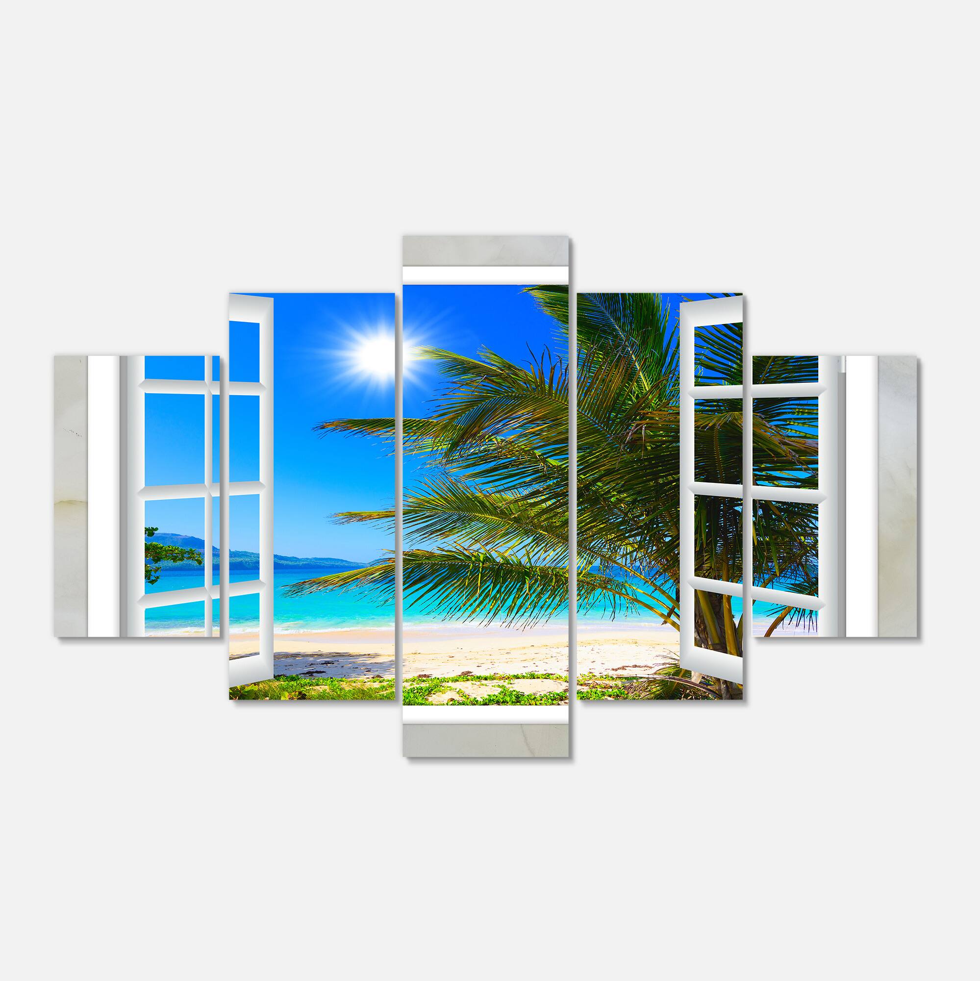 Designart - Window Open to Beach with Palm
