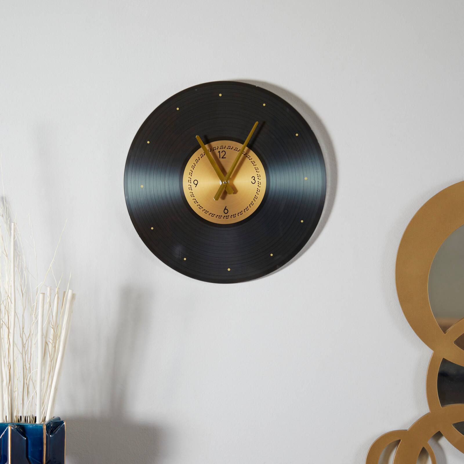 20" Black Glass Record Style Musical Notes Wall Clock