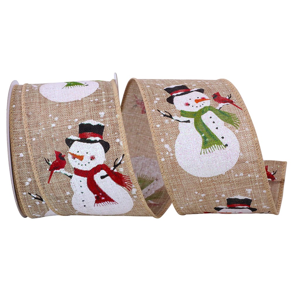 JAM Paper 2.5" x 10yd. Glitter Snowman With Cardinal Wired Ribbon