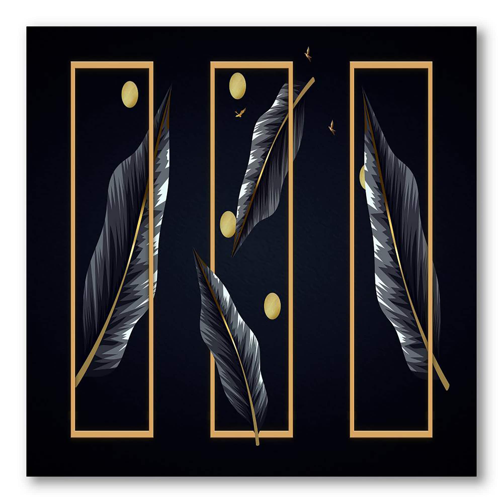 Designart - Black Tropical Leaves With Golden Rectangles - Modern Canvas Wall Art Print