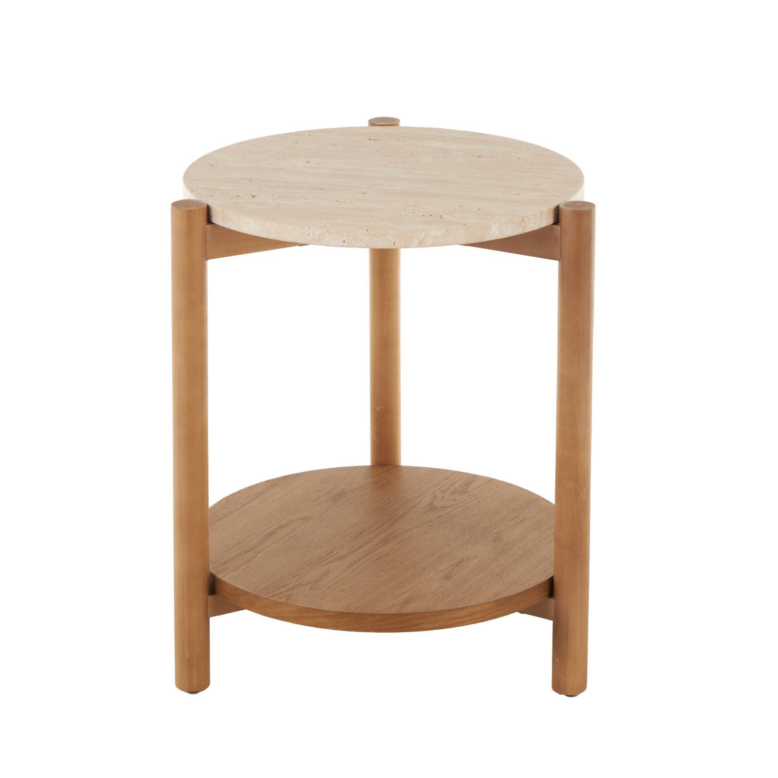 20.25" Brown Wood Handmade Round Side End Accent Table with Beige Marble Top