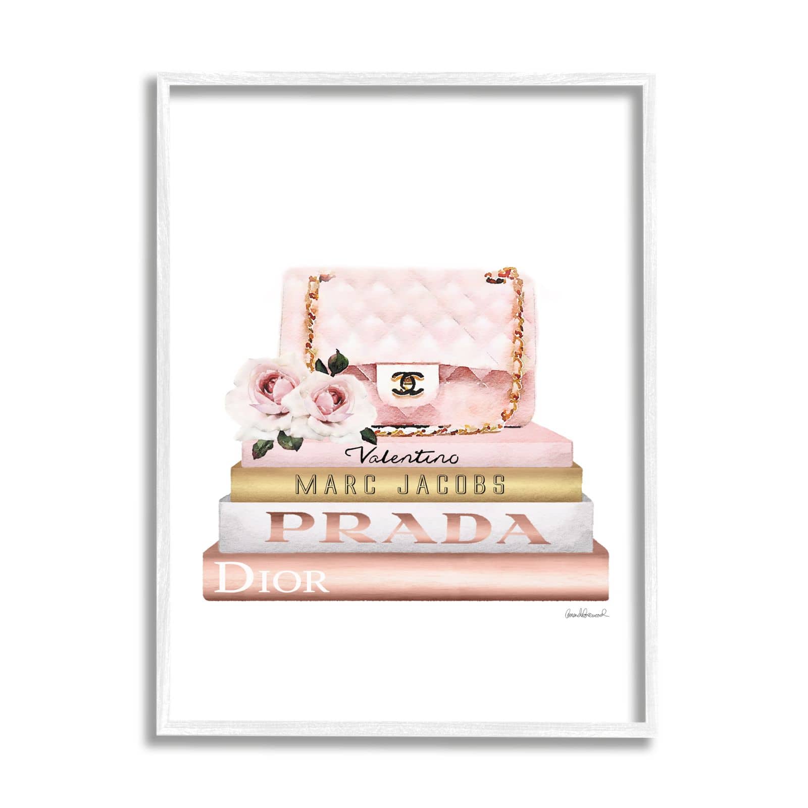 Stupell Industries Pink Purse Gold Bookstack Glam Fashion Watercolor Design Framed Wall Art