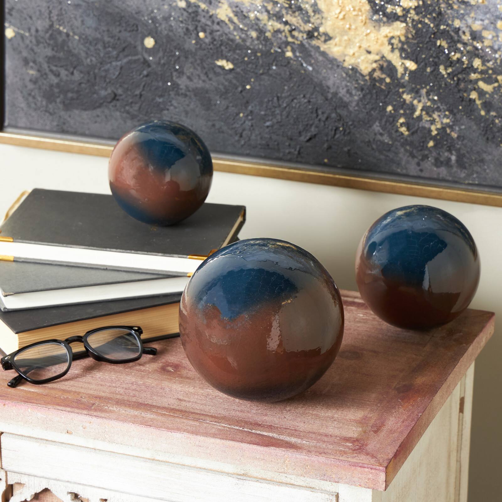 Blue with Brown Stripe Abstract Brushed Decorative Orbs & Vase Filler Set