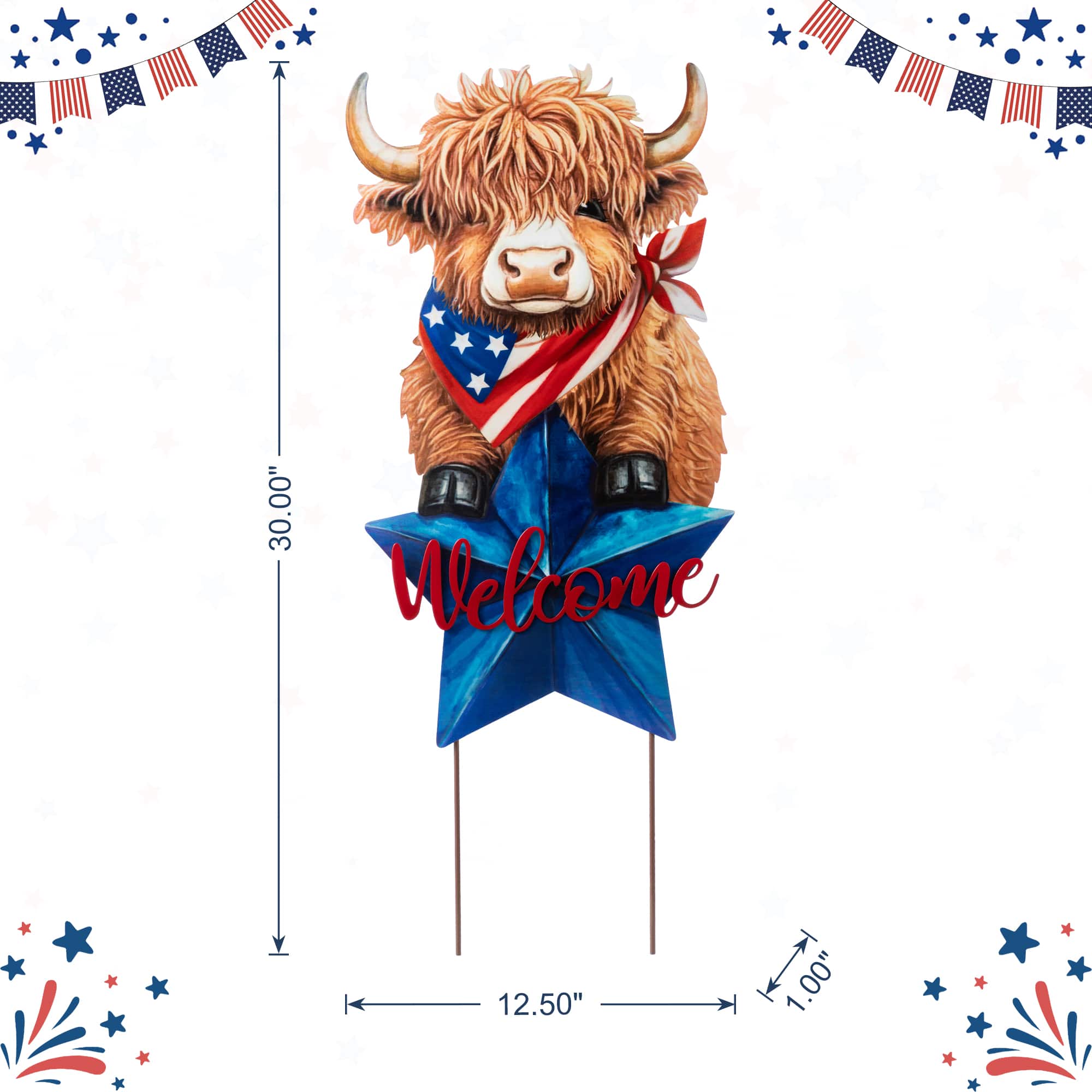 Glitzhome® 30" Patriotic Americana 2-in-1 Metal Highland Cow Garden Yard Stake & Wall Decor