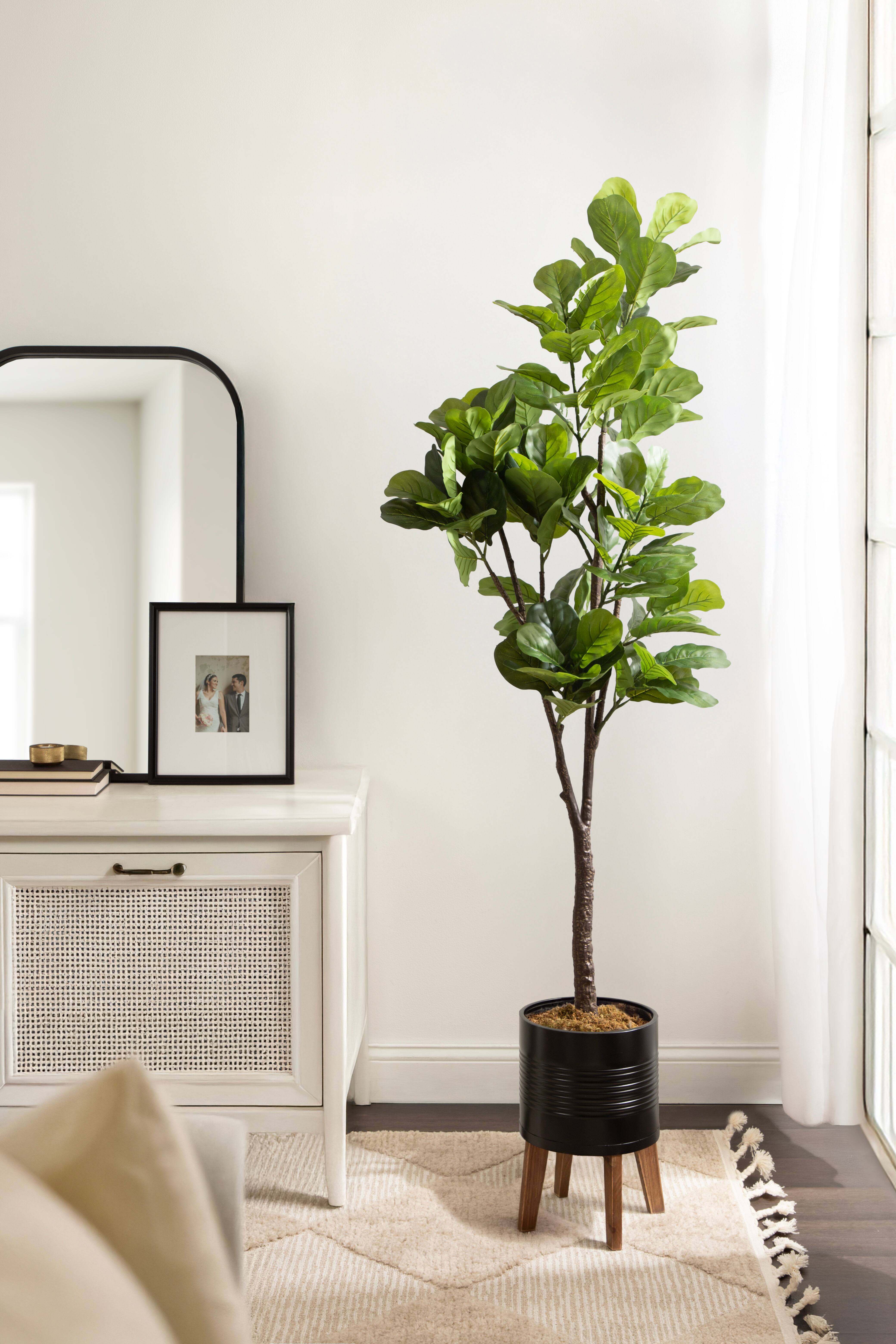 Kate and Laurel Fidmont 6ft. Faux Fiddle Fig Tree in Gavri Wood Footed Planter