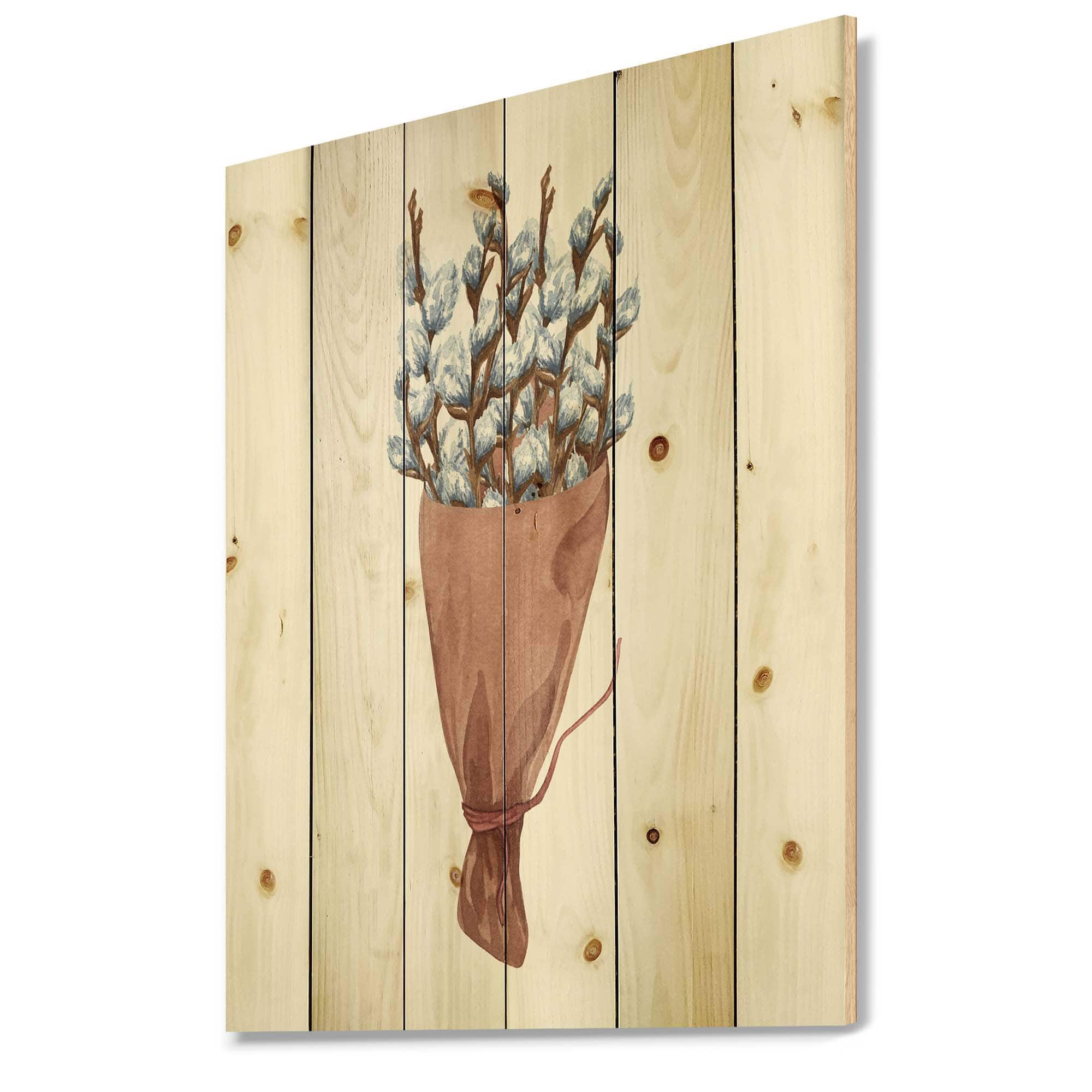 Designart - Bunch of Pussy Willow Twigs I - Farmhouse Print on Natural Pine Wood