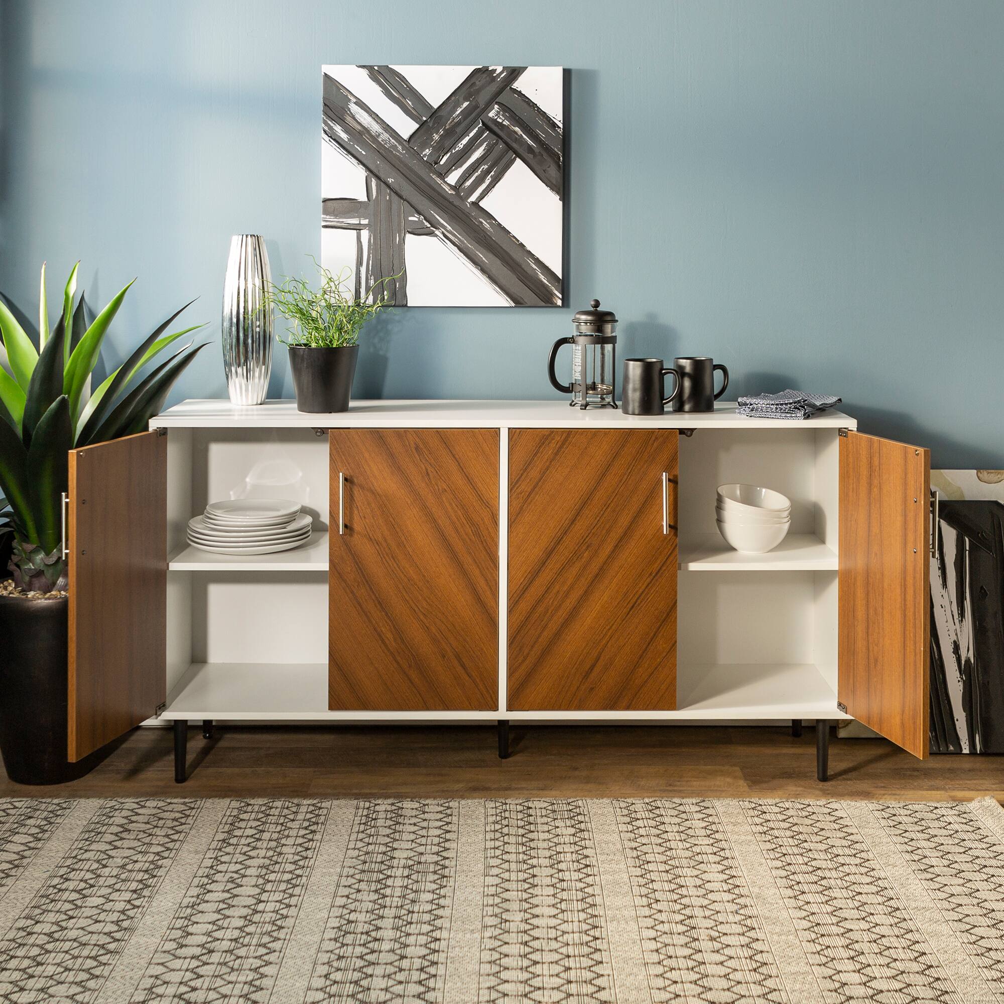 Walker Edison 58" Teak Bookmatch & White Mid Century Modern TV Buffet
