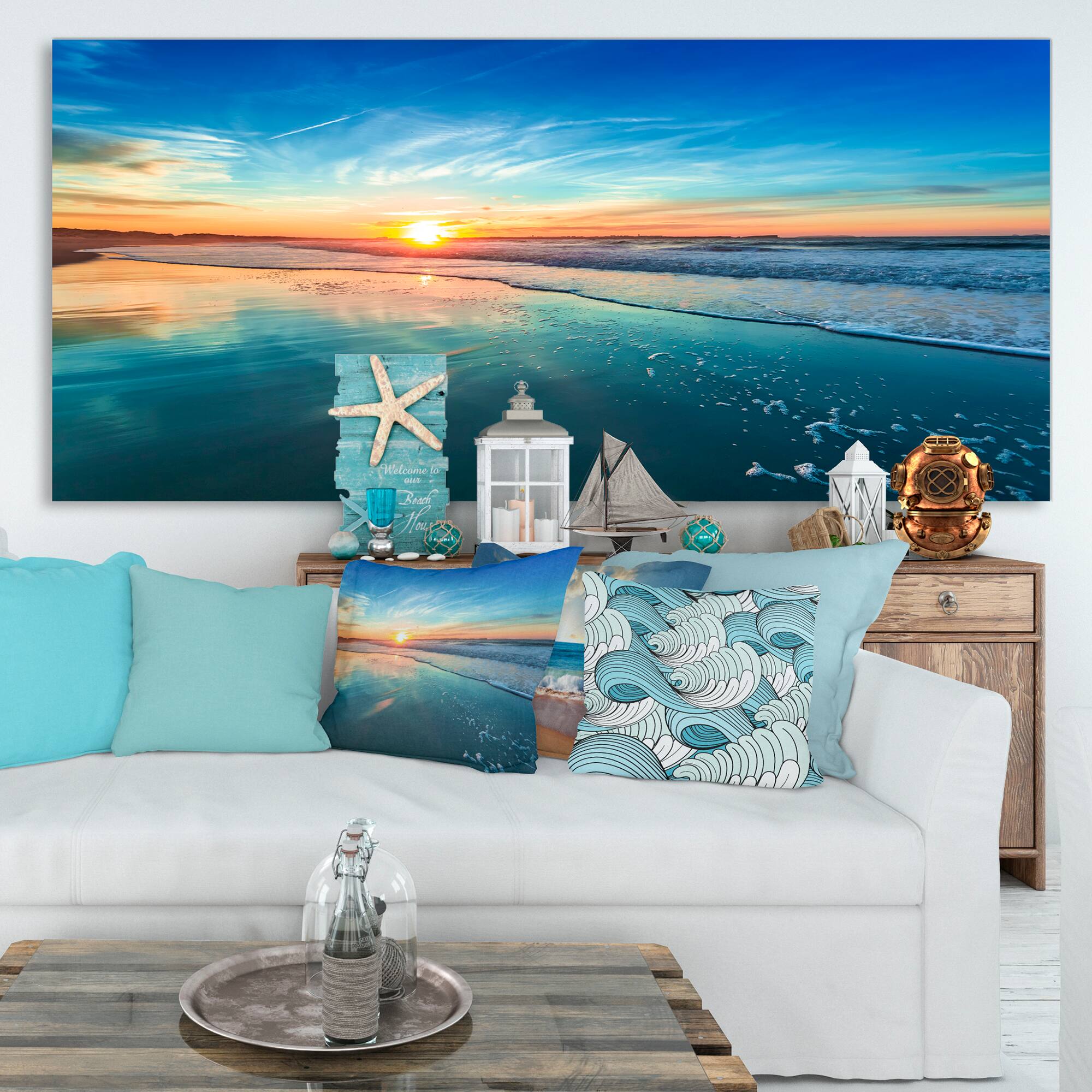 Designart - Blue Seashore with Distant Sunset - Seascape Canvas Art Print