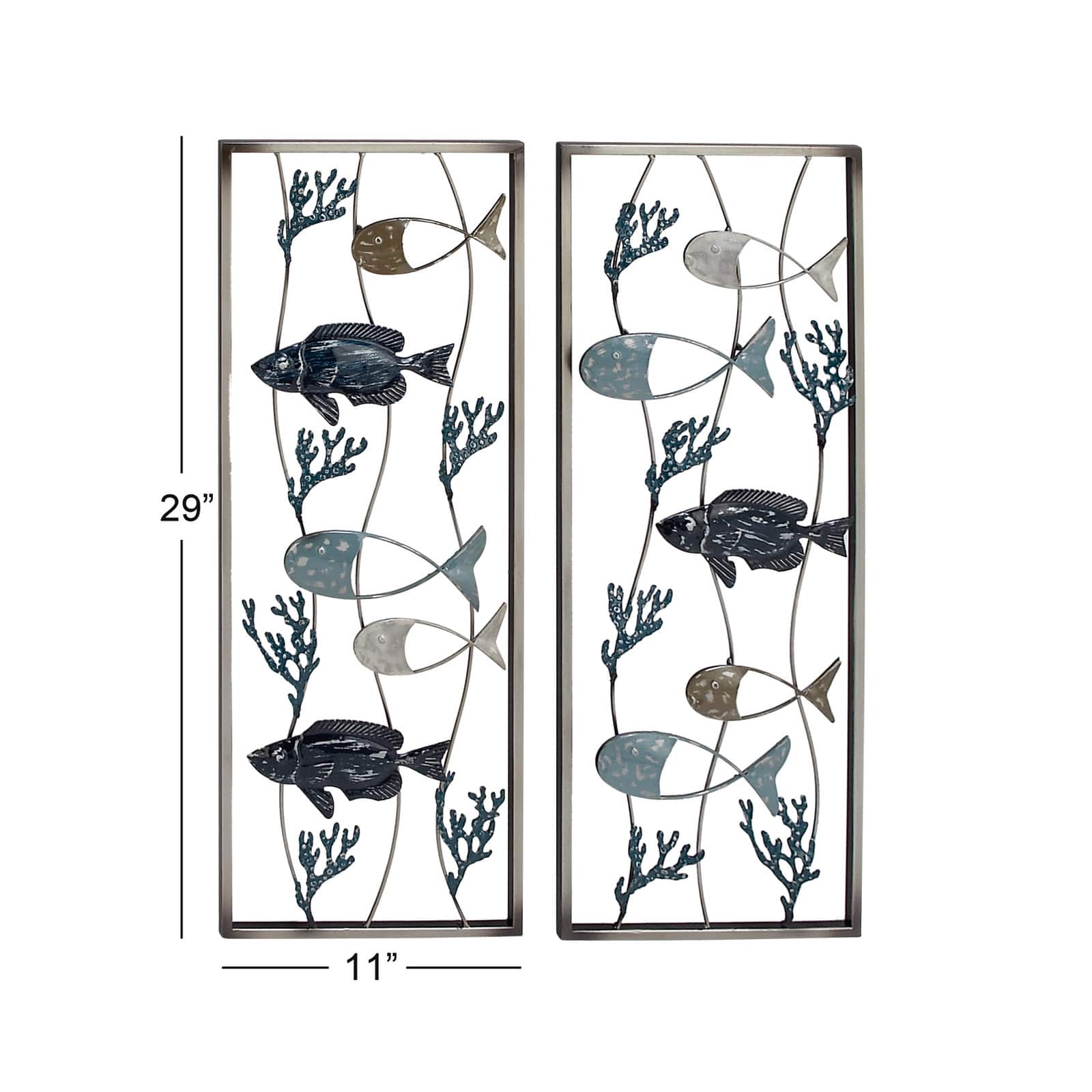 Set of 2 Blue Metal Coastal Fish Wall Decor, 11" x 29"