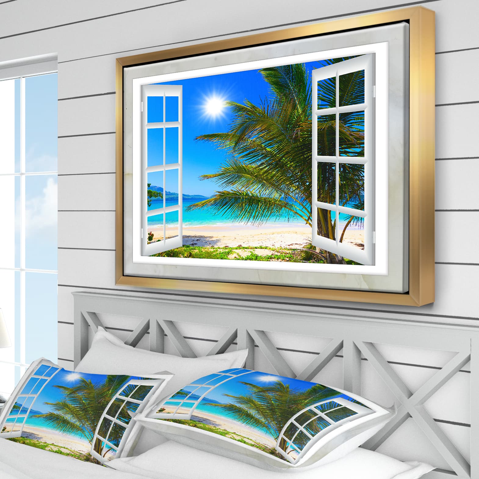 Designart - Window Open to Beach with Palm - Extra Large Seashore Framed Canvas Art