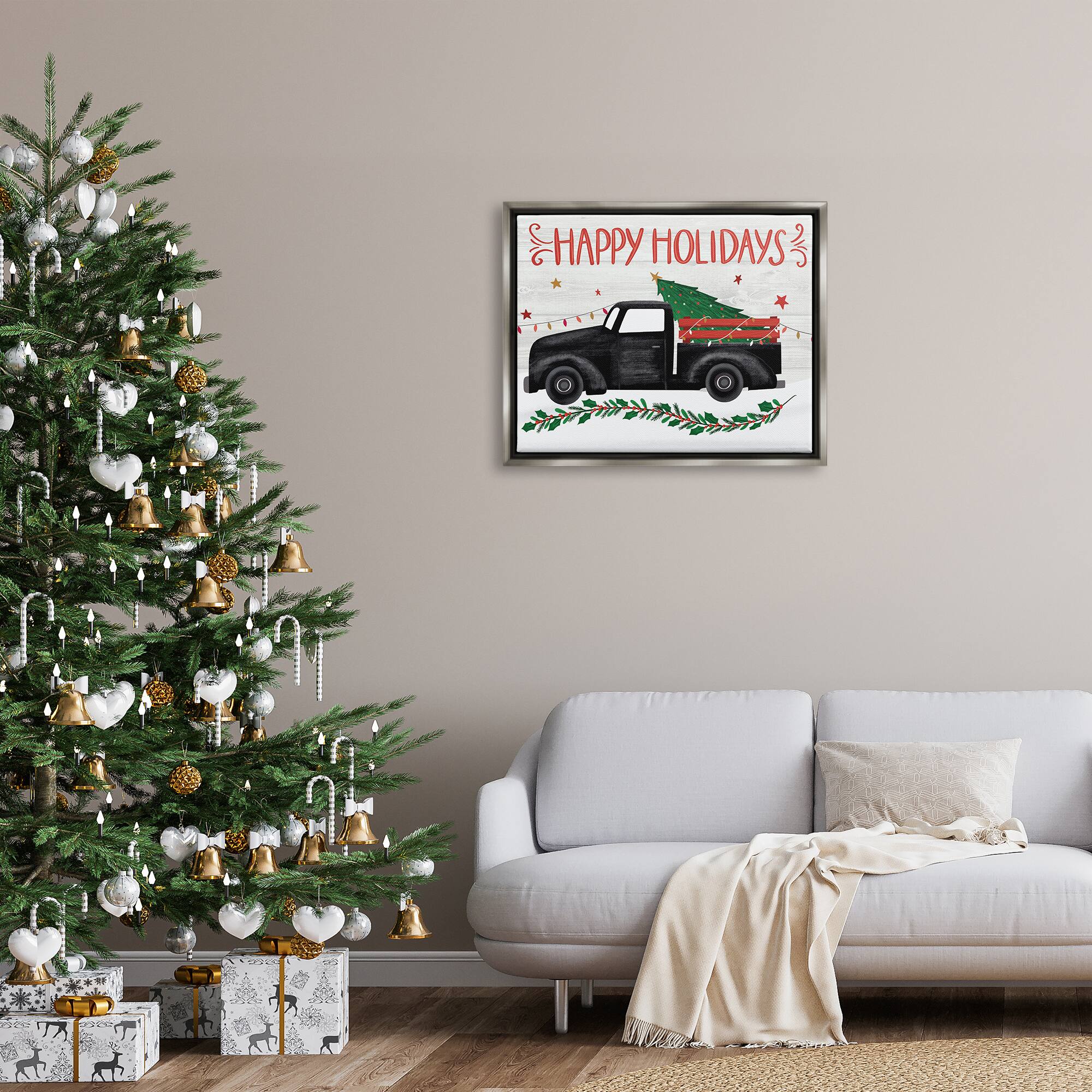 Stupell Industries Happy Holidays Christmas Tree Truck Framed Floater Canvas Wall Art