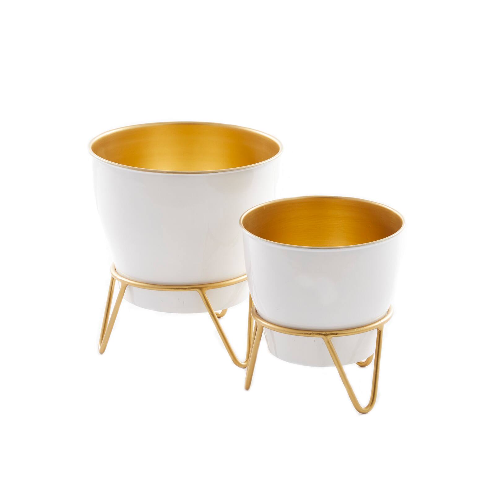 Set of 2 White Iron Modern Planter, 11" x 10" x 10"