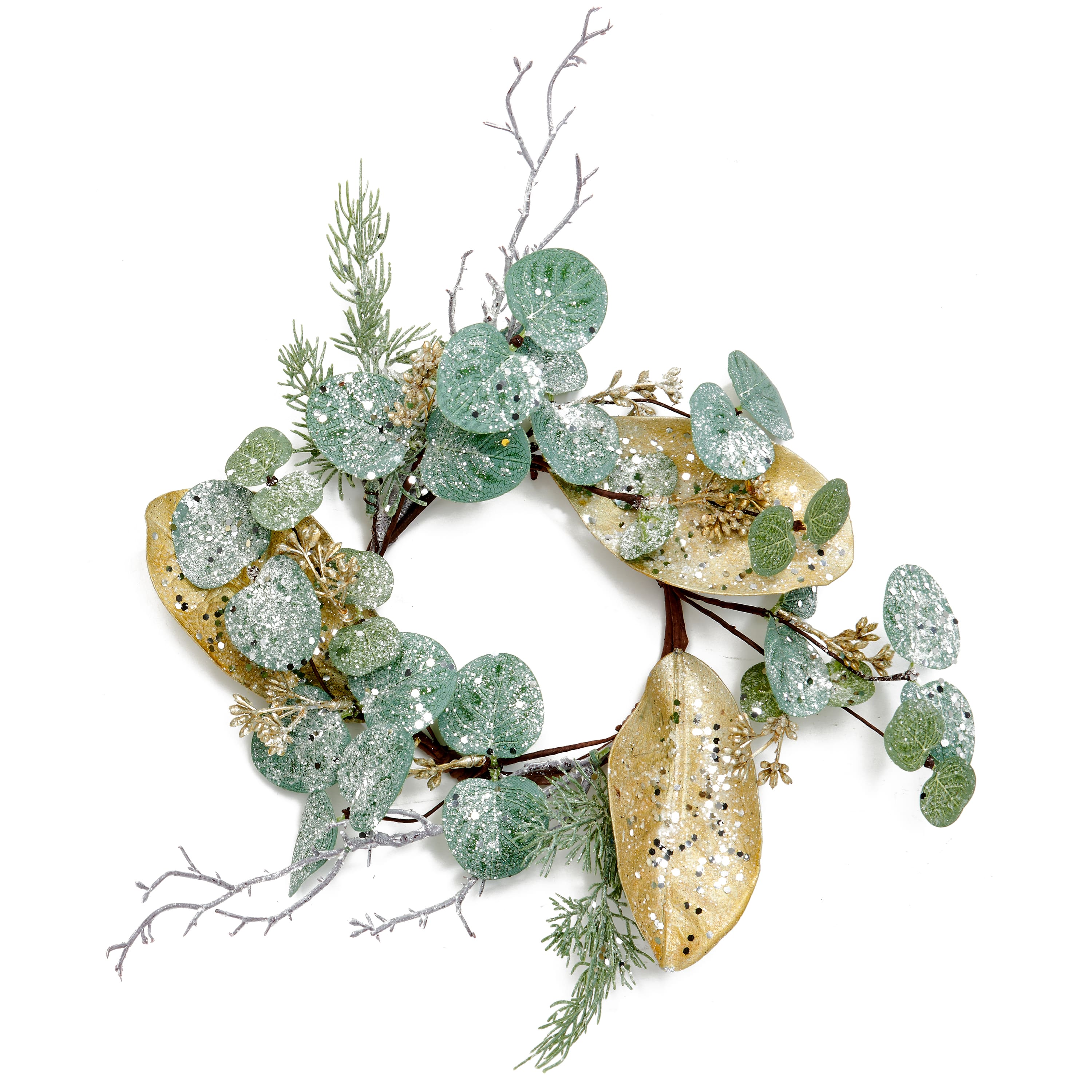 11" Glitter Frosted Green & Gold Mixed Leaf Pillar Candle Ring