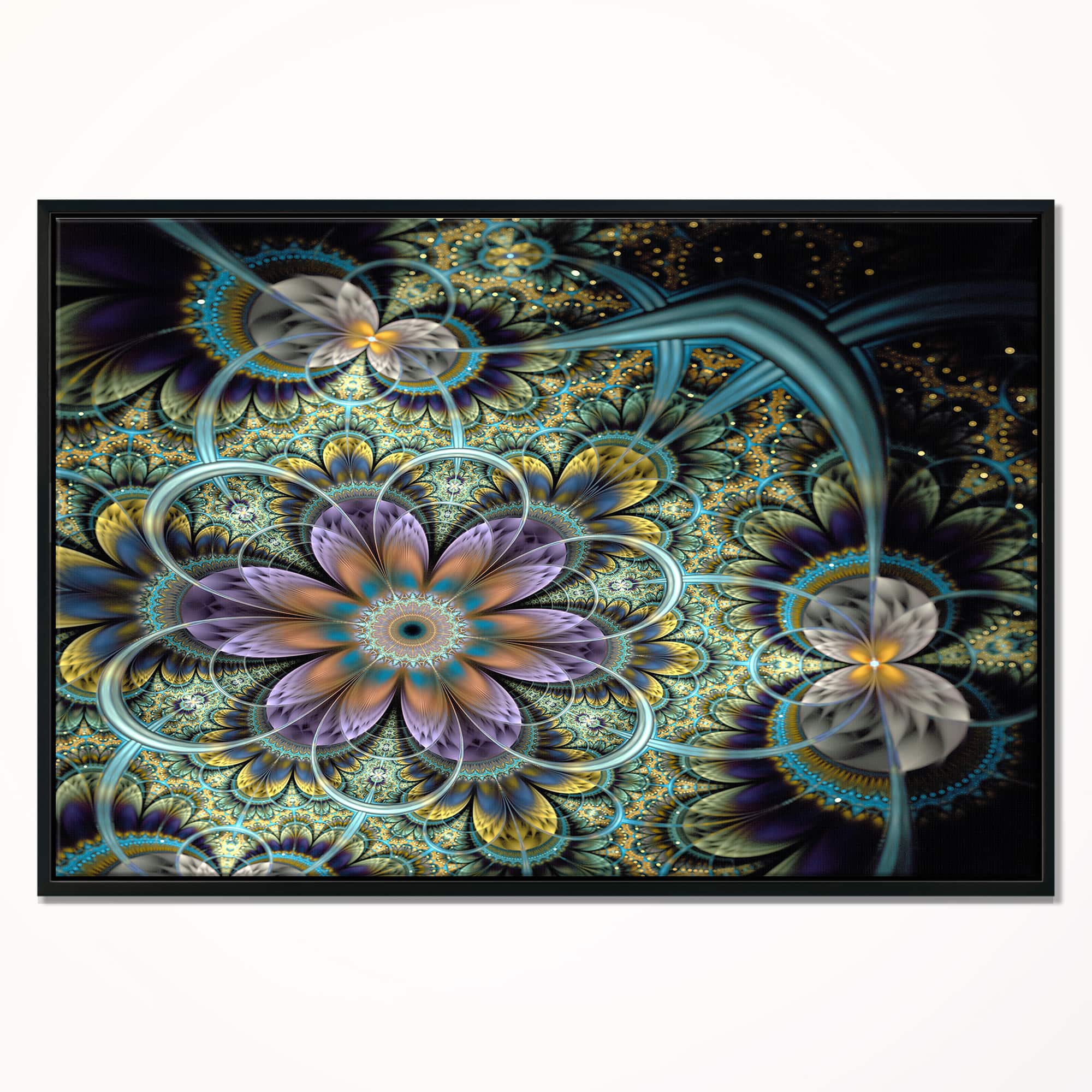 Designart - Symmetrical Green Fractal Flower - Large Floral Art Canvas Print in Black Frame