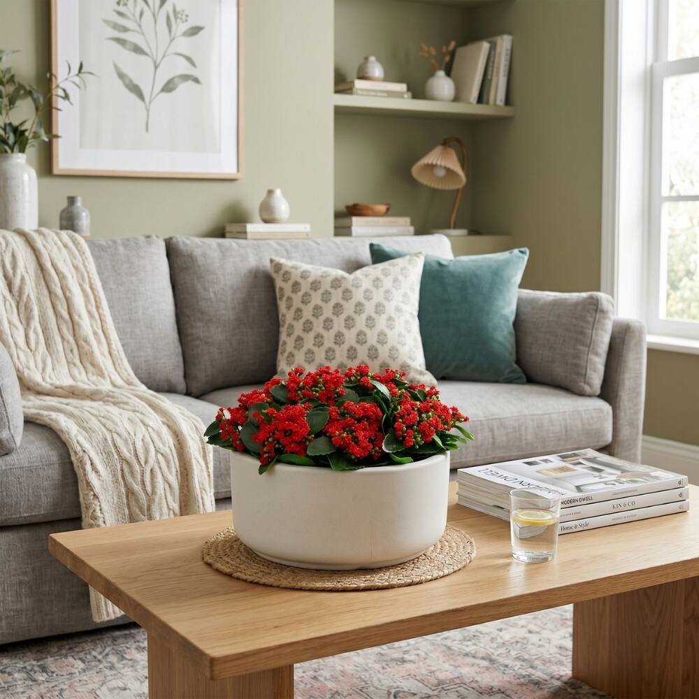 House of Silk Flowers 21" Faux Red Kalanchoe in Stonewash White Ceramic Bowl Arrangement