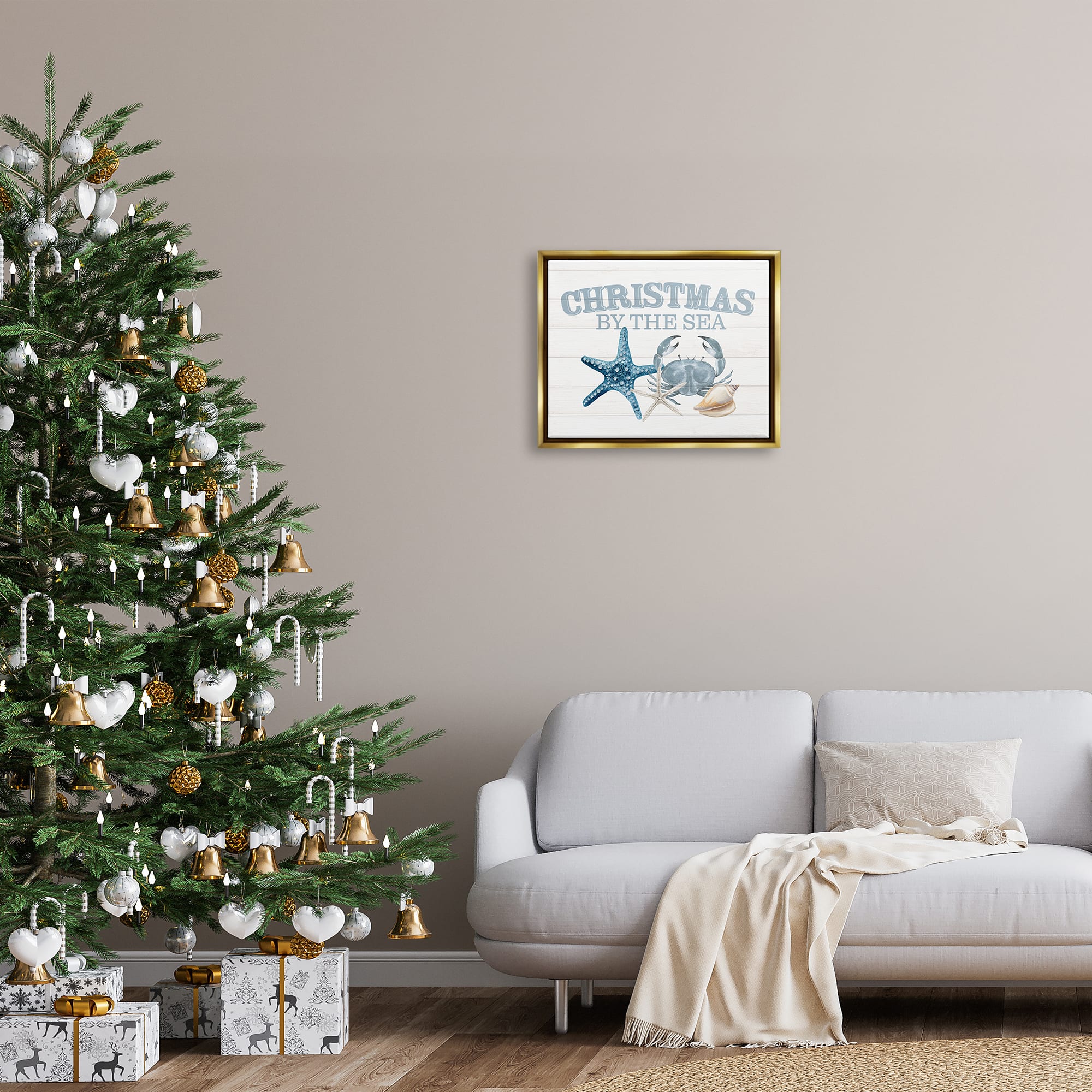 Stupell Industries Christmas By The Sea Nautical Framed Floater Canvas Wall Art