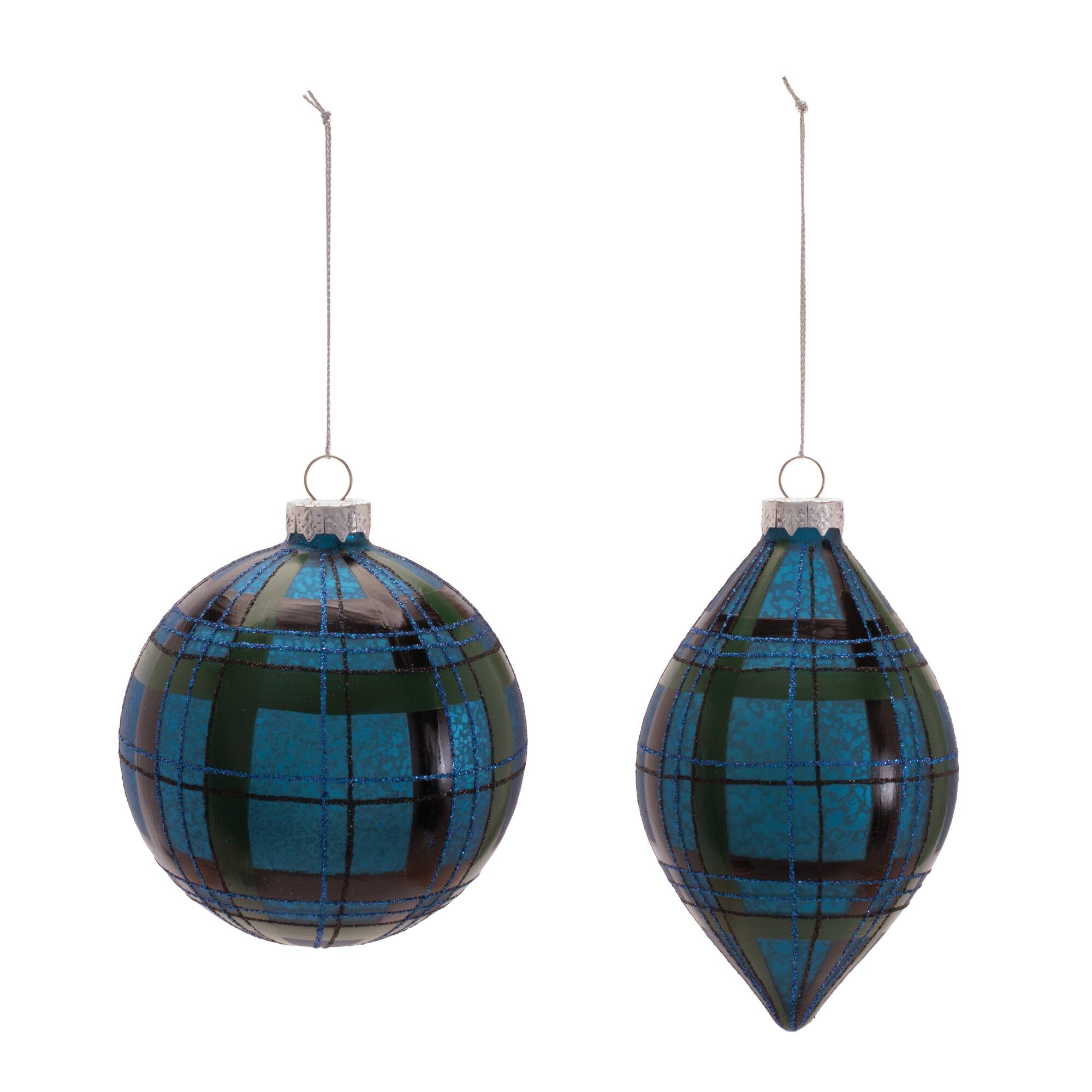 Melrose Ball & Finial Plaid Glass Ornaments Set