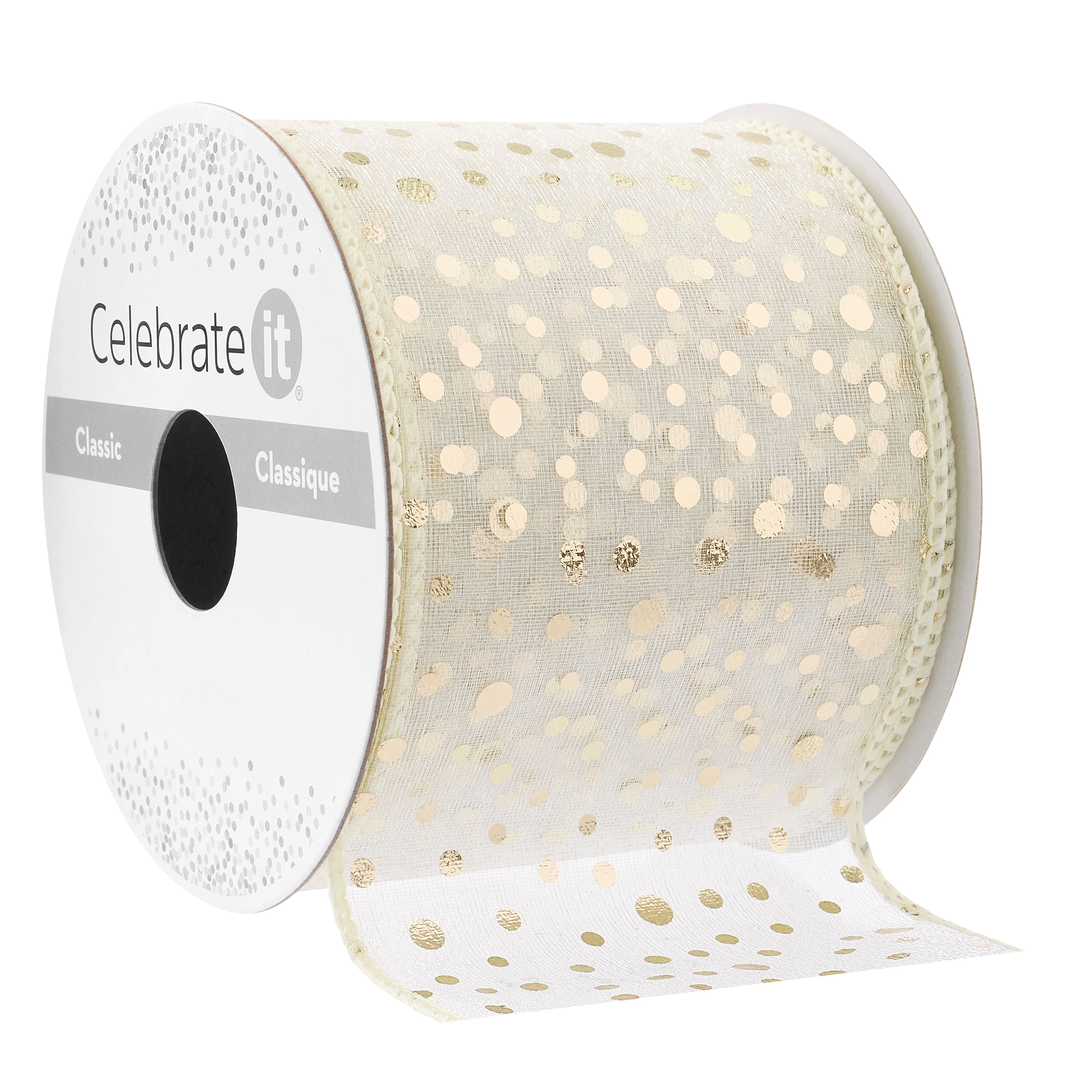 2.5" x 3yd. Sheer Wired Gold Dotted Ribbon by Celebrate It™ Classic