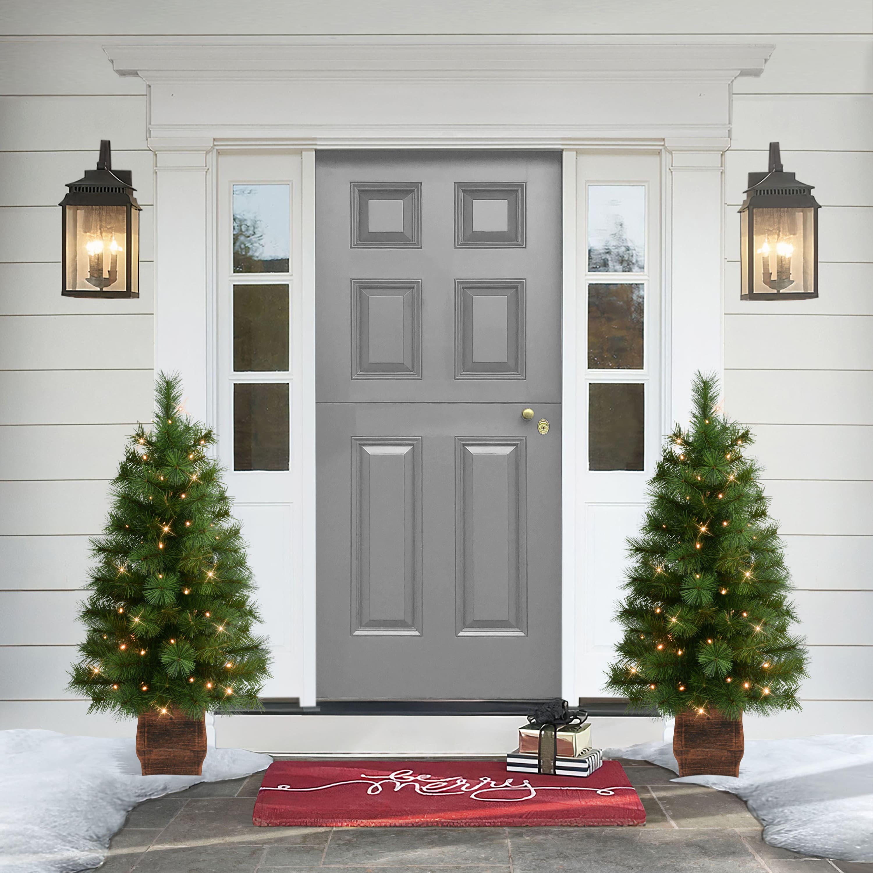 3.5ft. Pre-Lit Battery-Operated Potted Wyoming Pine Artificial Christmas Trees, Warm White LED Lights, 2ct.